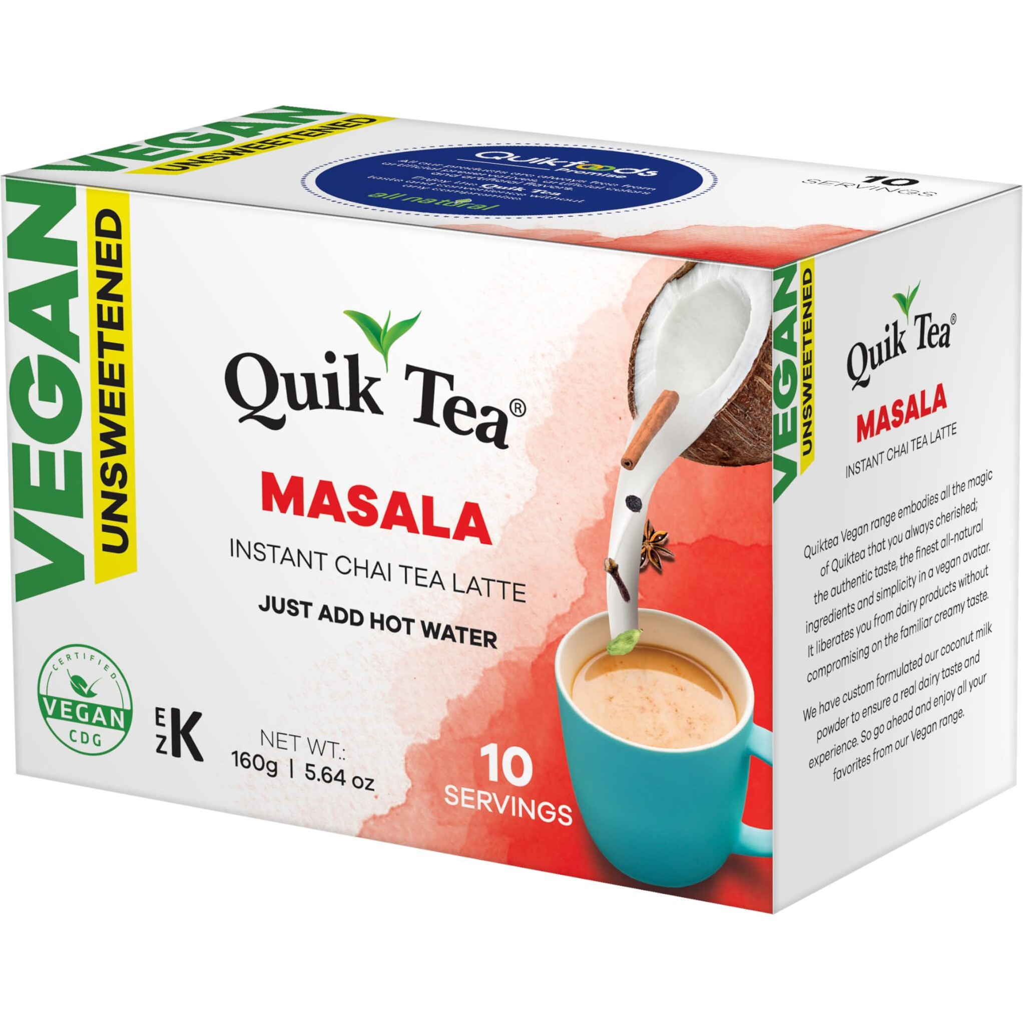 Quiktea Vegan Unsweetened Masala Instant Chai Tea Latte - 10 Count Single Box - Convenient, Easy Ayurvedic Dairy Free Alternative - All Natural Non Gmo Superfood