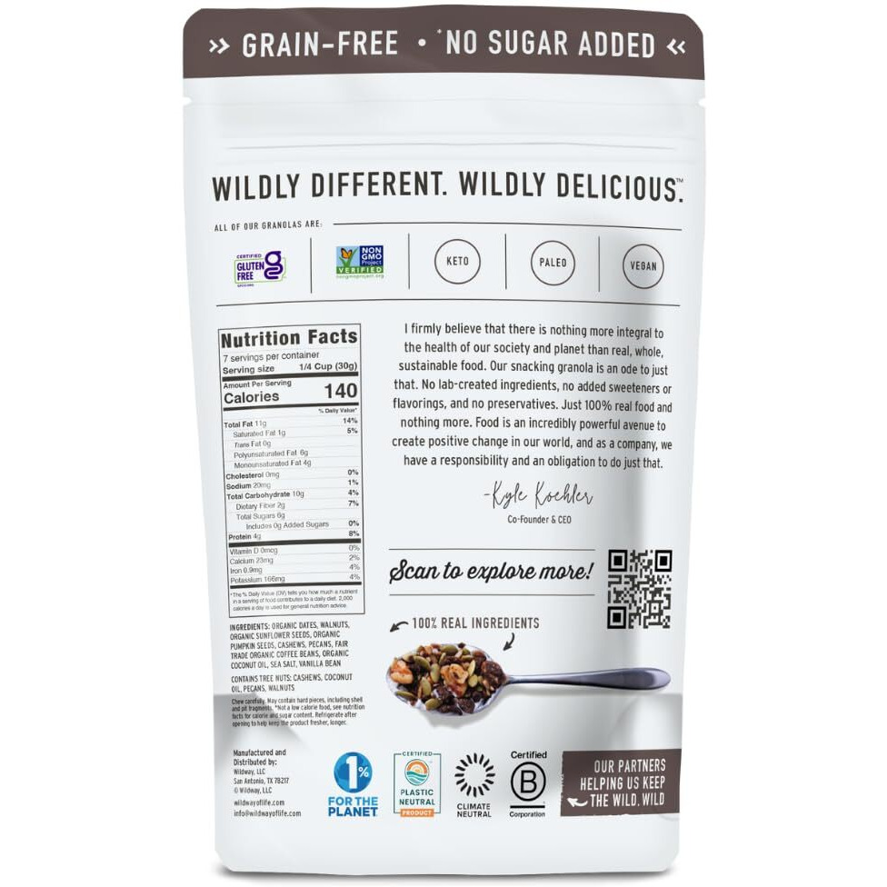 Wildway Keto Granola | Vanilla Bean Espresso | Grain-Free, Certified Gluten-Free Cereal | Vegan, Low Carb | No Sugar Added | Paleo-Friendly | Non-Gmo Fruit & Nut Clusters | Nutrient-Rich Snack | 8 Oz