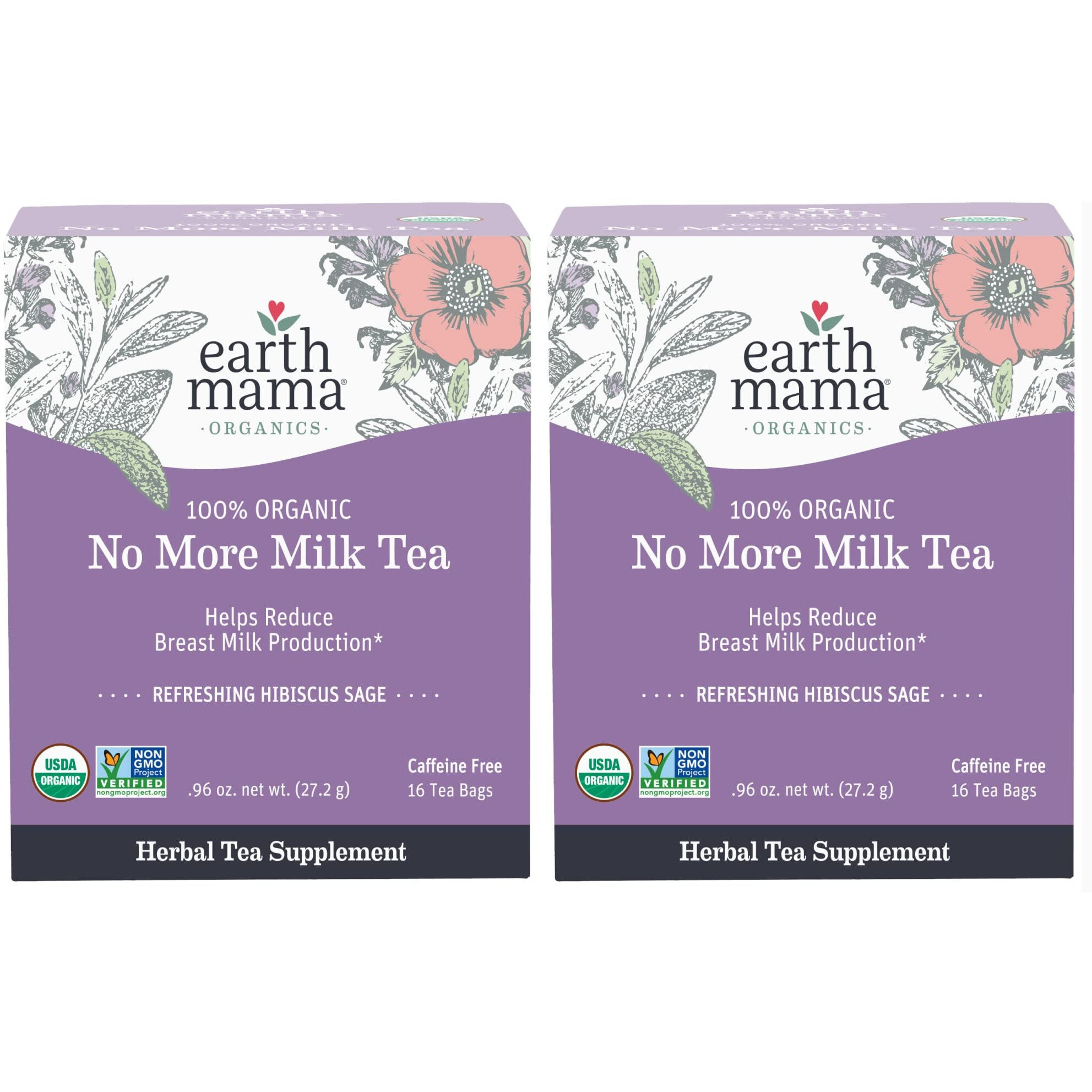 Earth Mama No More Milk Tea | Organic Herbal Tea Bags To Reduce Breast Milk Production, Stop Breastfeeding, & Wean Lactation Naturally, Postpartum Essentials, Hibiscus & Sage Decaf Tea (16-Count, 2Pk)