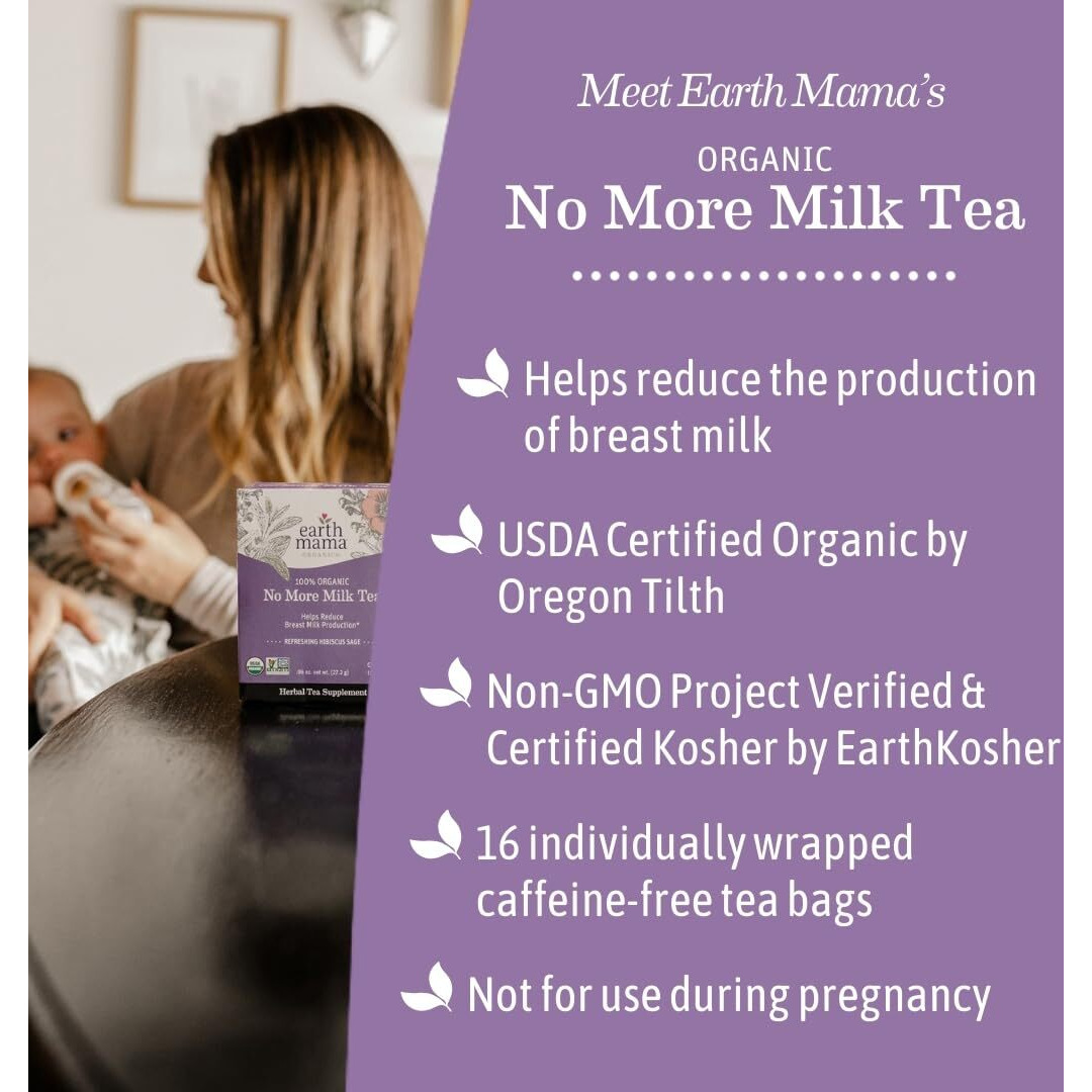 Earth Mama No More Milk Tea | Organic Herbal Tea Bags To Reduce Breast Milk Production, Stop Breastfeeding, & Wean Lactation Naturally, Postpartum Essentials, Hibiscus & Sage Decaf Tea (16-Count, 2Pk)
