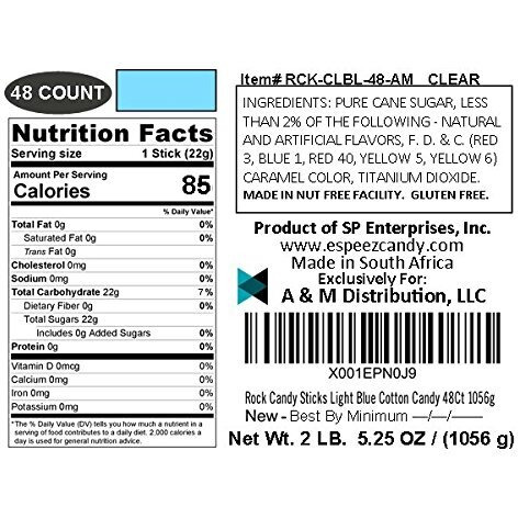 Extra Large Rock Candy Sticks 48 Light Blue Cotton Candy Lollipop - Individually Wrapped - Espeez Rock Candy Sticks For Candy Buffet, Birthdays, Weddings, Receptions, Bridal And Baby Showers