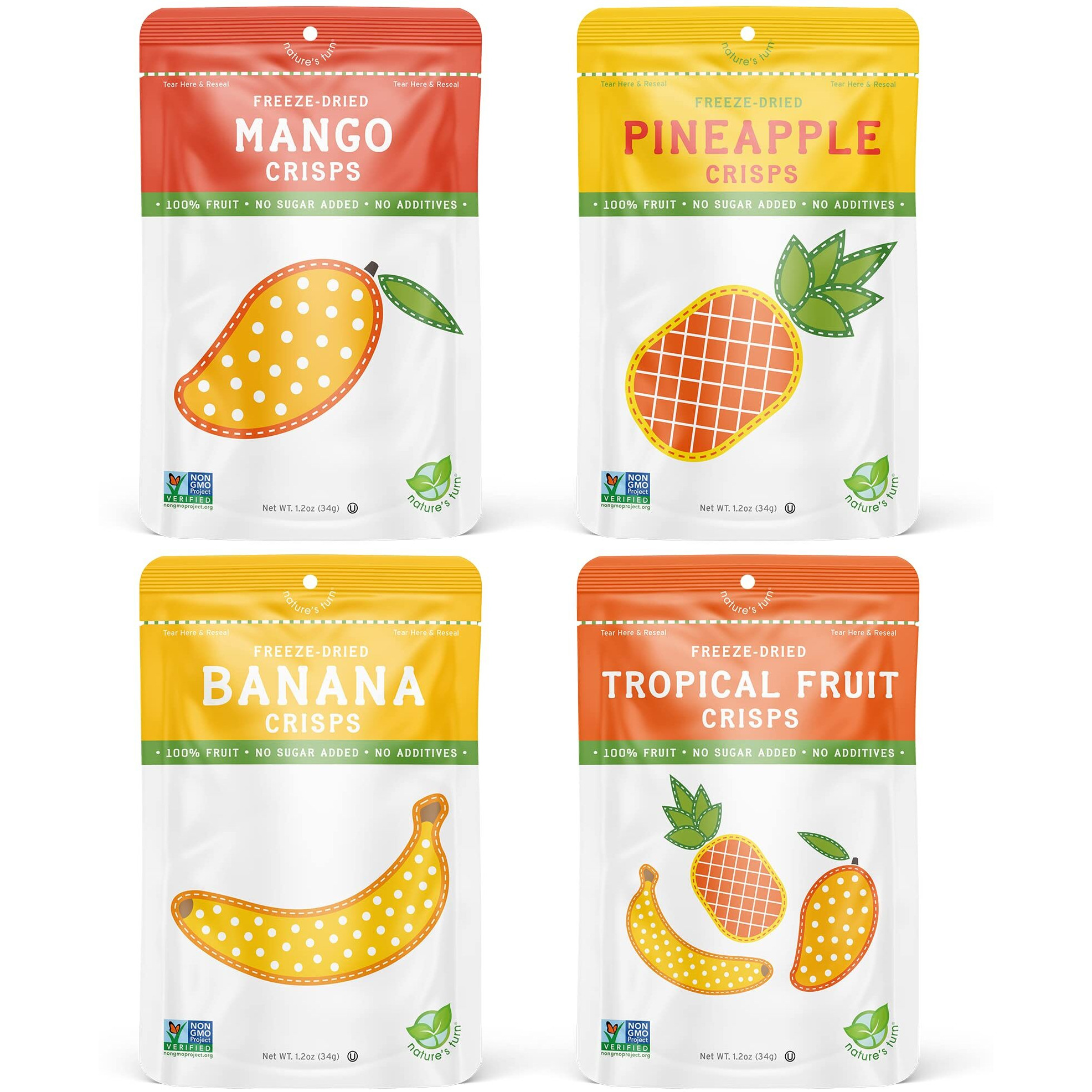 Nature's Turn Freeze-Dried Fruit Snacks, Mixed Tropical (Mango, Pineapple, Banana) Fruit Crisps, Pack Of 4 (1.2 Oz Each)