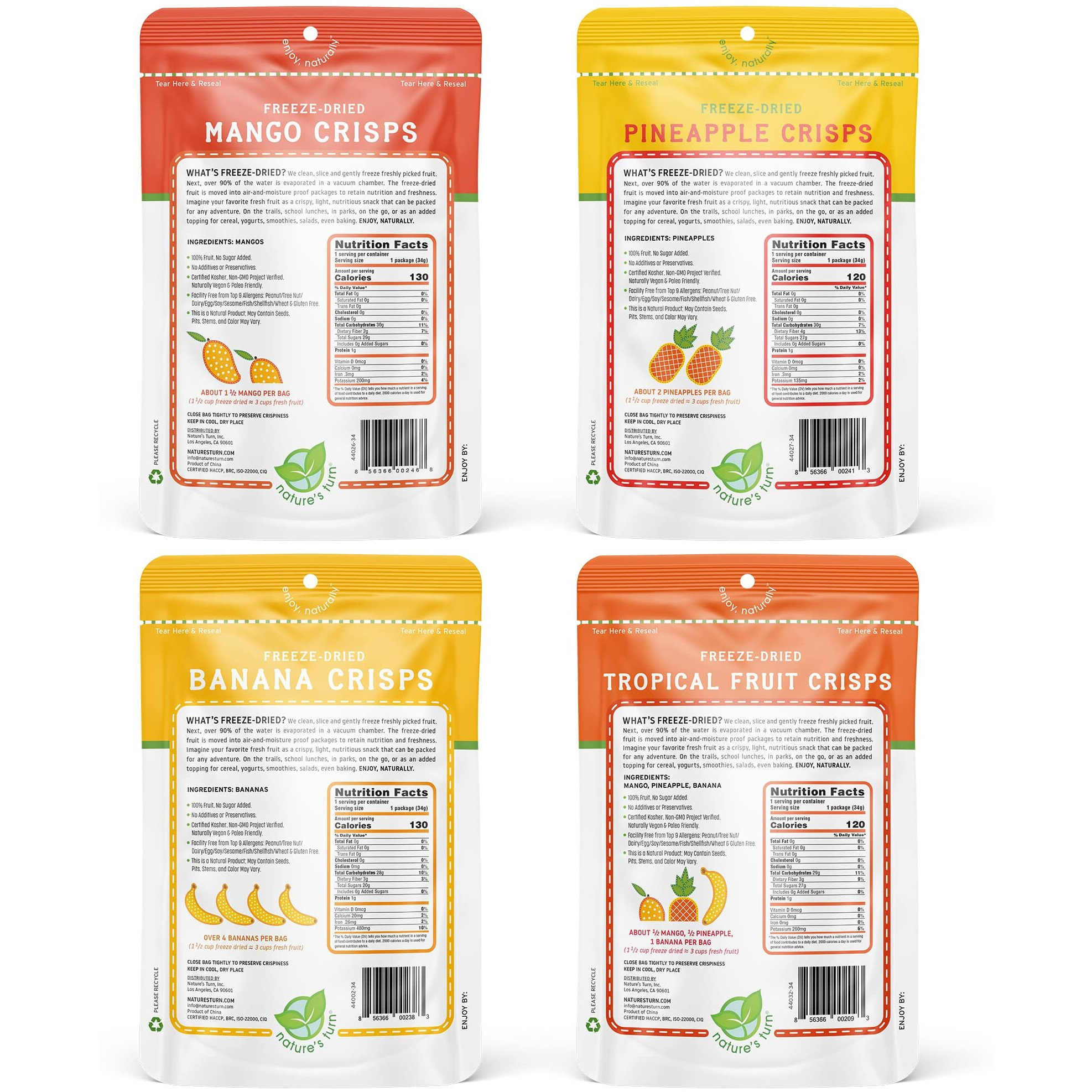 Nature's Turn Freeze-Dried Fruit Snacks, Mixed Tropical (Mango, Pineapple, Banana) Fruit Crisps, Pack Of 4 (1.2 Oz Each)