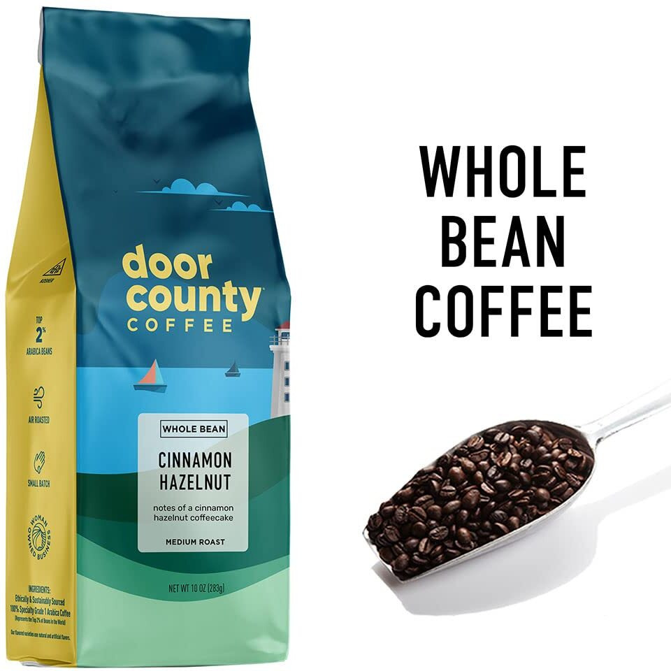 Door County Coffee Cinnamon Hazelnut Flavored Coffee Whole Bean | 10 Oz Bag | Medium Roast | 100% Specialty Arabica Coffee | Flavored Gourmet Coffee | Cinnamon Hazelnut