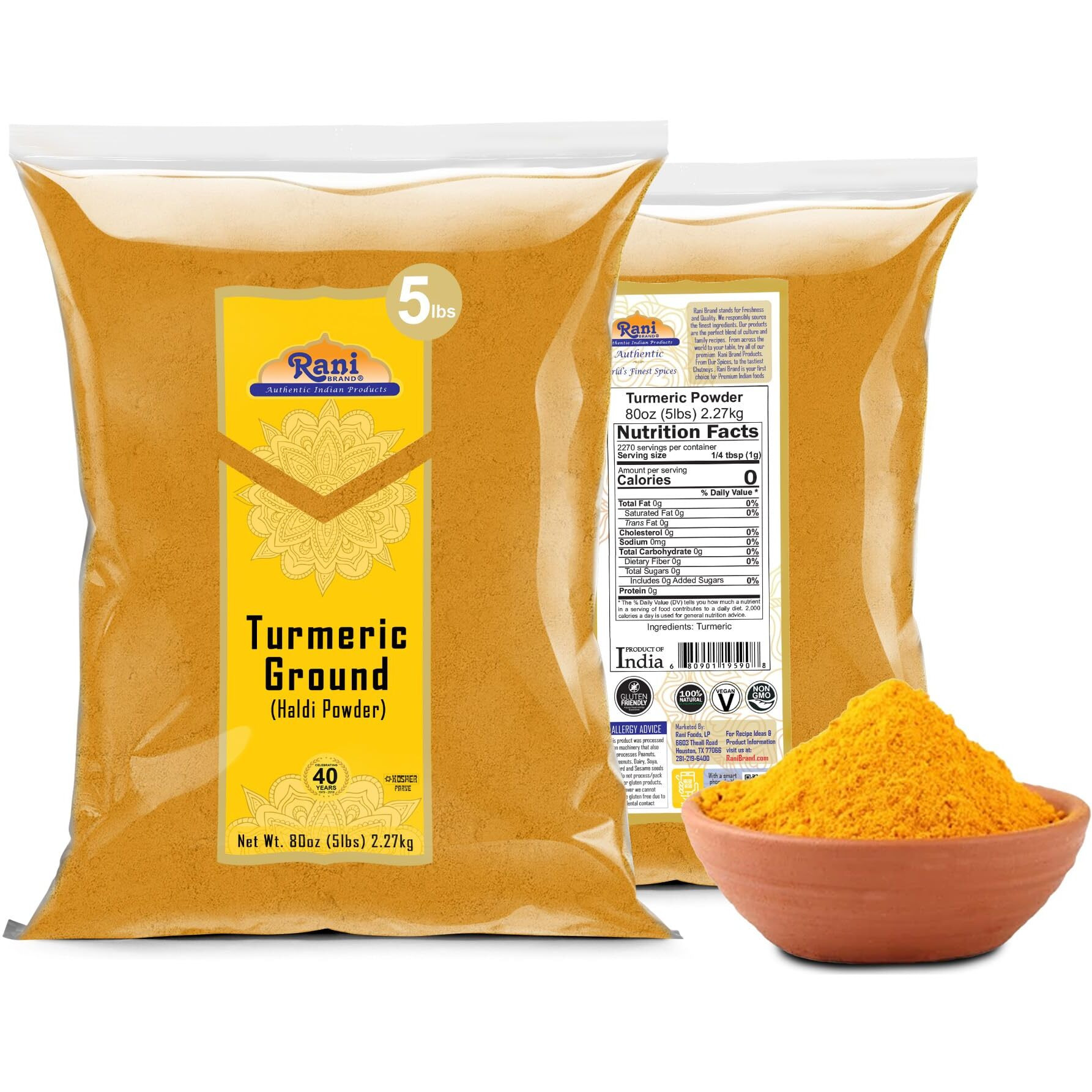 Rani Turmeric (Haldi) Root Powder Spice, (High Curcumin Content) 80Oz (5Lbs) 2.27Kg Bulk ~ All Natural | 100% Pure, Salt Free | Vegan | Gluten Friendly | Non-Gmo | Kosher | Indian Origin