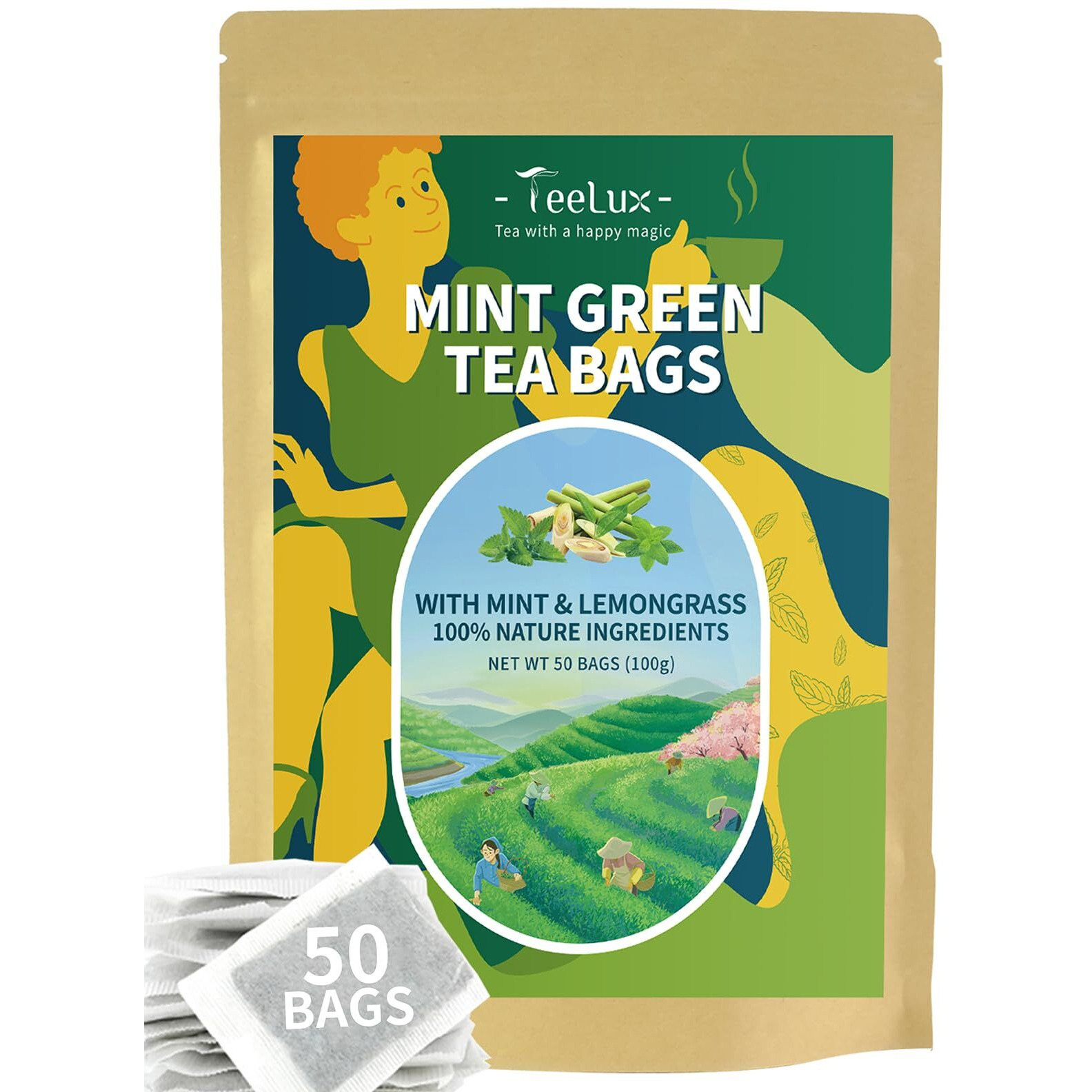 Teelux Mint Green Tea Bags, Green Tea With Peppermint, Spearmint, And Lemongrass, Caffeinated, 100% Real And Natural, 50 Count