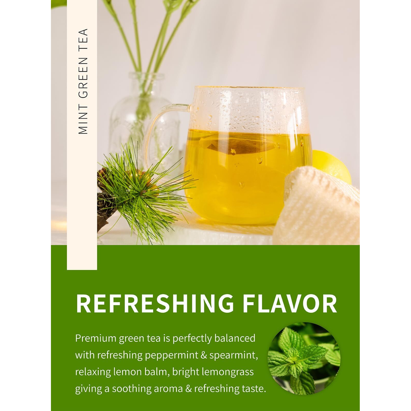 Teelux Mint Green Tea Bags, Green Tea With Peppermint, Spearmint, And Lemongrass, Caffeinated, 100% Real And Natural, 50 Count