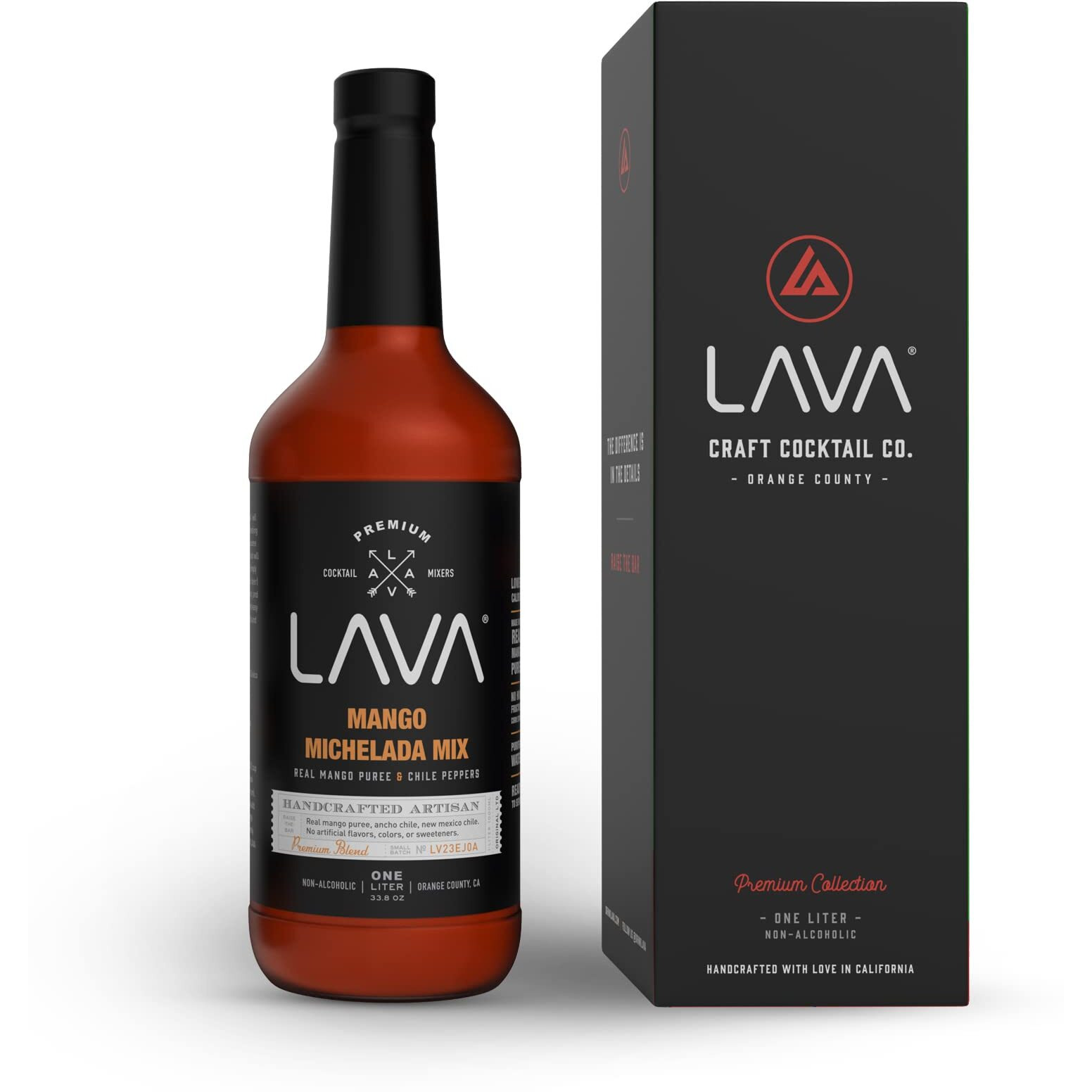Lava Premium Mango Michelada Mix Made With Real Mango Puree, Ancho Chile Peppers, New Mexico Chile, Tamarind, Vegan, 1-Liter (33.8Oz) Glass Bottle, Ready To Use