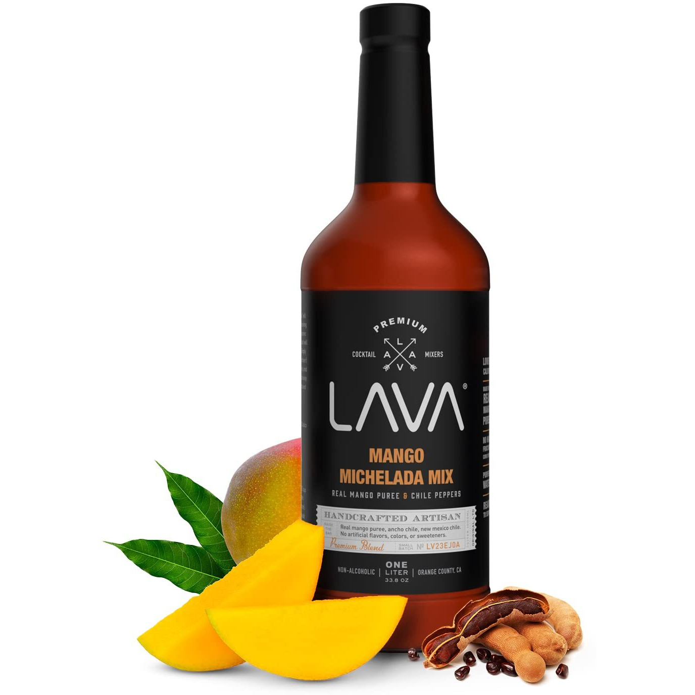 Lava Premium Mango Michelada Mix Made With Real Mango Puree, Ancho Chile Peppers, New Mexico Chile, Tamarind, Vegan, 1-Liter (33.8Oz) Glass Bottle, Ready To Use