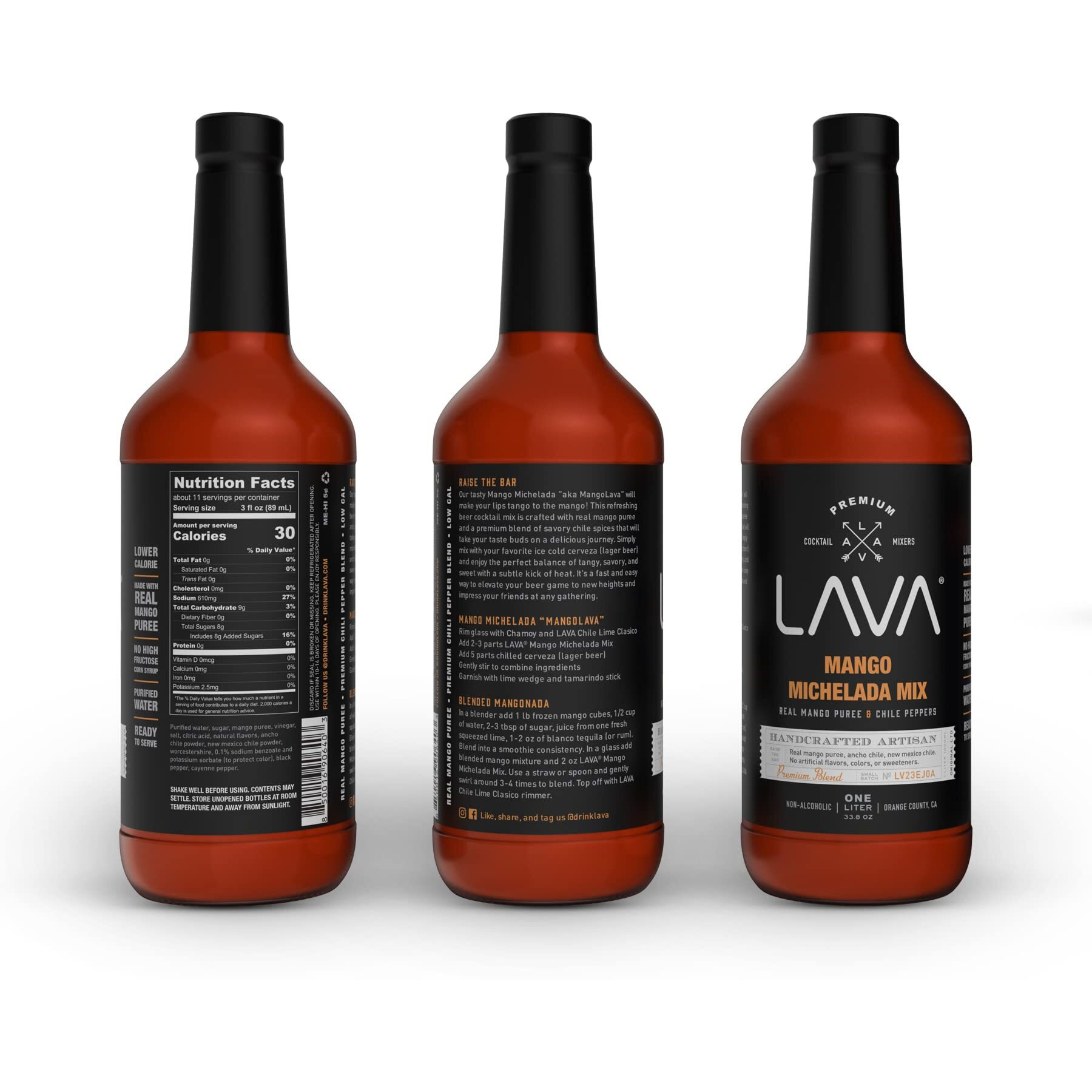 Lava Premium Mango Michelada Mix Made With Real Mango Puree, Ancho Chile Peppers, New Mexico Chile, Tamarind, Vegan, 1-Liter (33.8Oz) Glass Bottle, Ready To Use