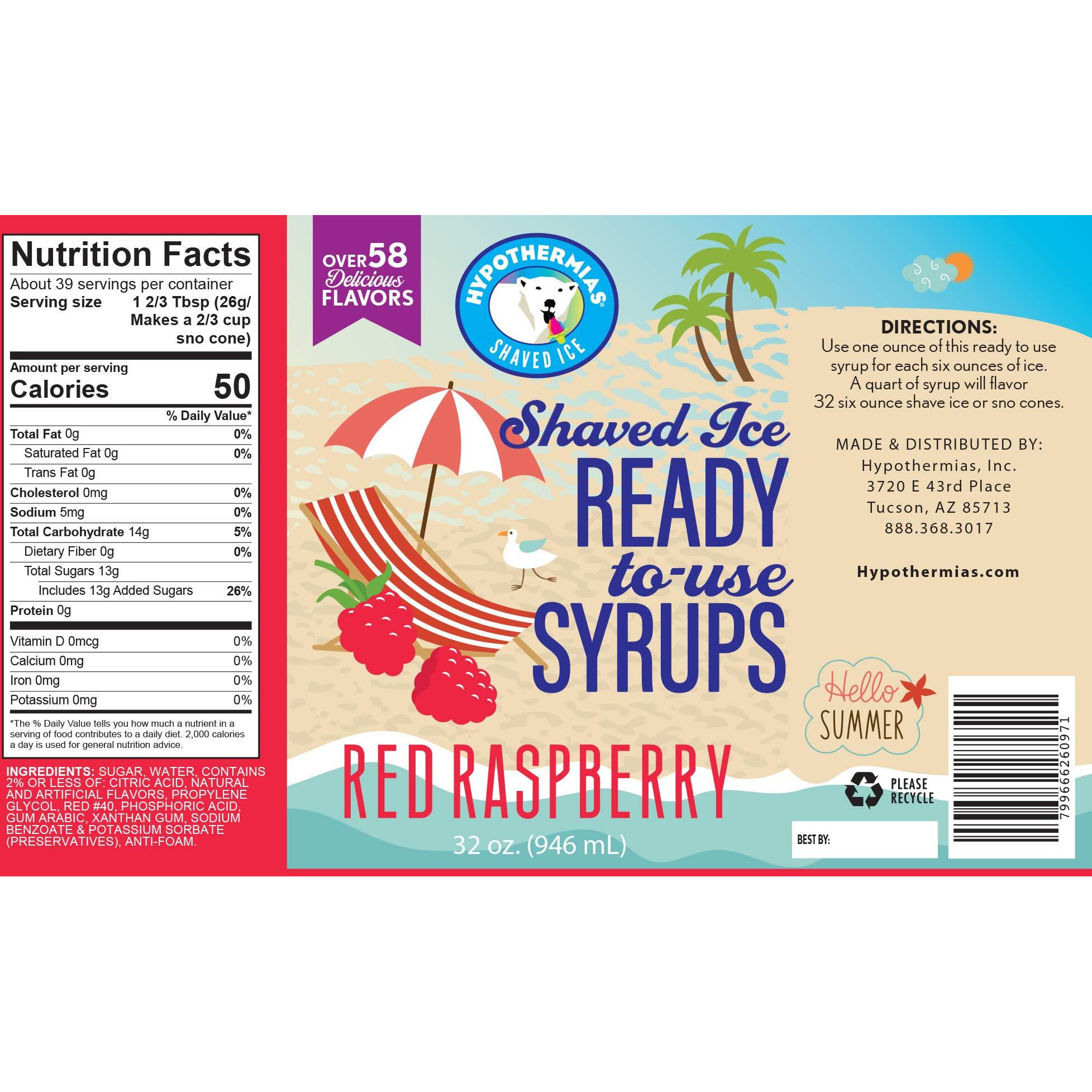 Hypothermias Red Raspberry Ready To Use Quart (32 Fl. Oz) Hawaiian Snow Cone Flavors Syrup - Shaved Ice, 100% Pure Cane Sugar