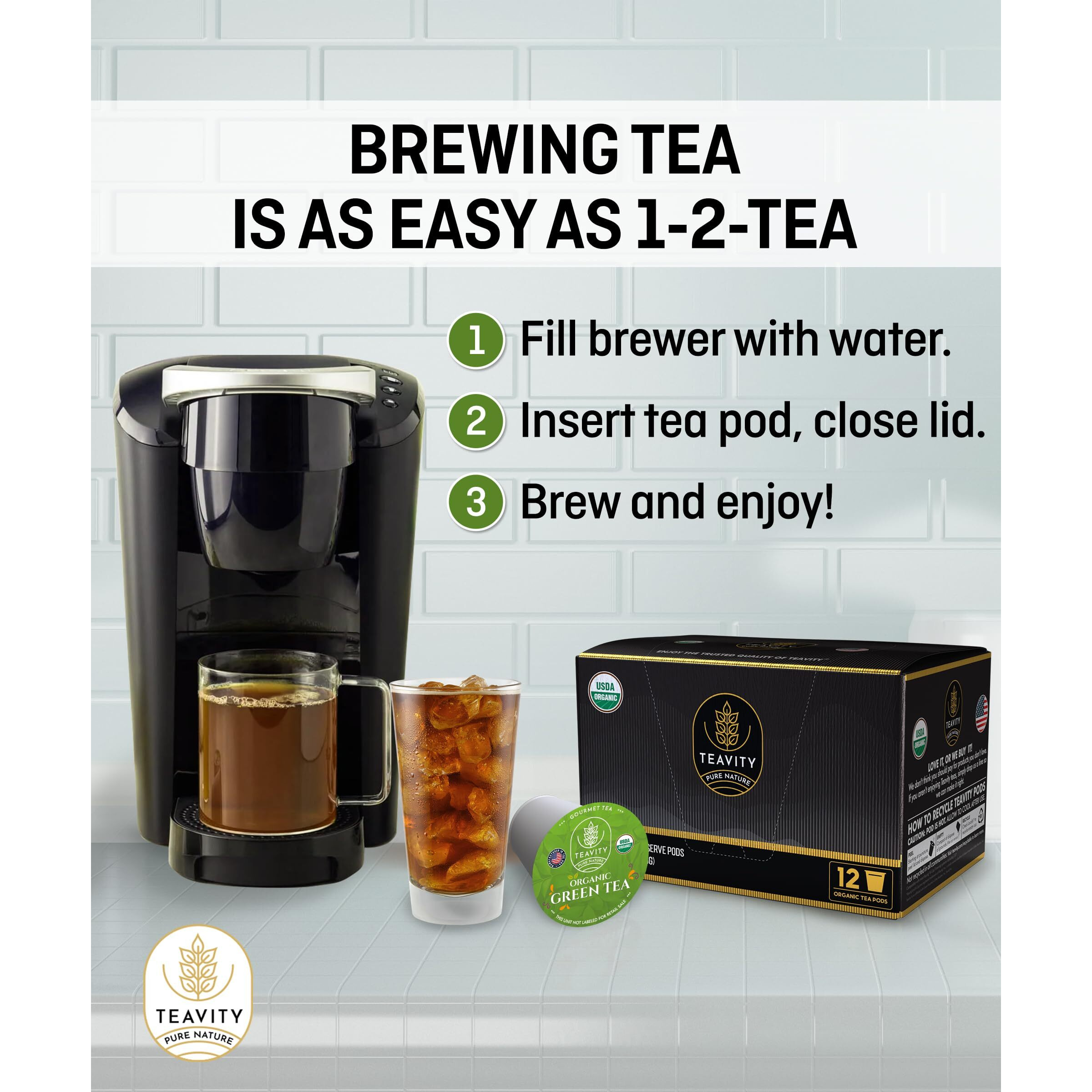 Organic Green Tea Pods For Keurig - Unsweetened Green Tea For K Cup Machines By Teavity (12 Tea Pods)