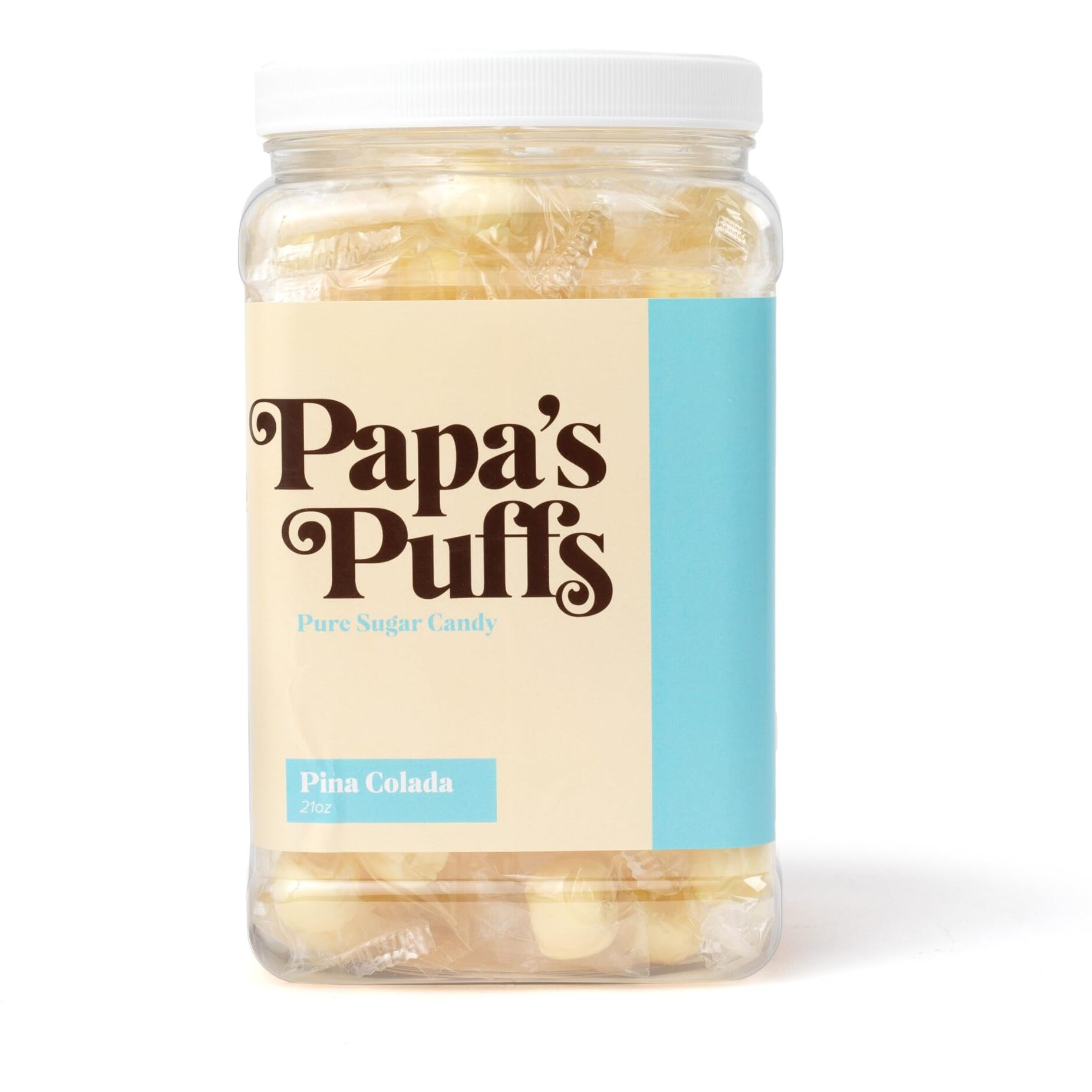 Papa's Puffs Pina Colada Flavored Pure Sugar Candy - Individually Wrapped In Resealable Tub - Fat-Free, Gluten-Free, Cholesterol-Free - Manufactured In The Usa