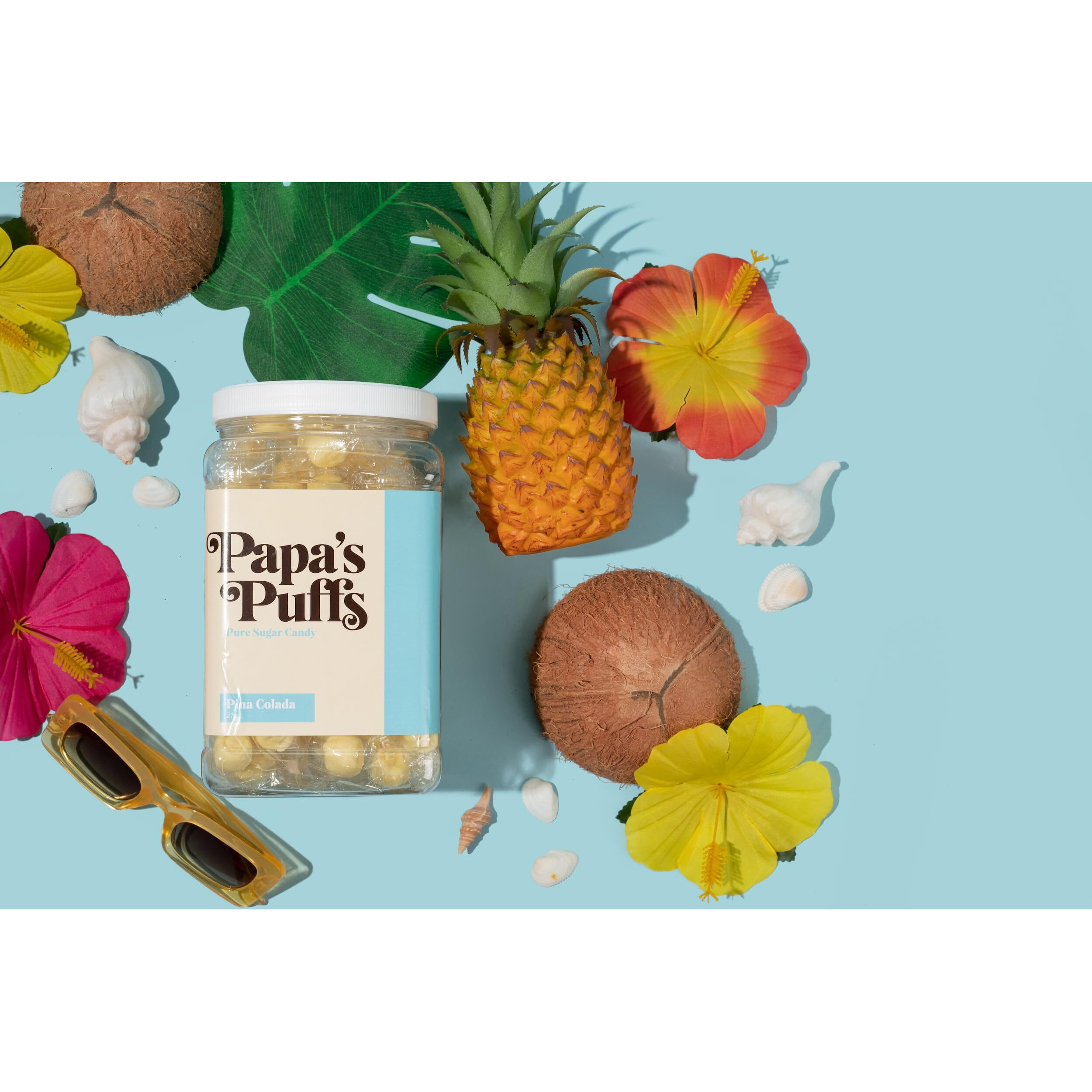 Papa's Puffs Pina Colada Flavored Pure Sugar Candy - Individually Wrapped In Resealable Tub - Fat-Free, Gluten-Free, Cholesterol-Free - Manufactured In The Usa