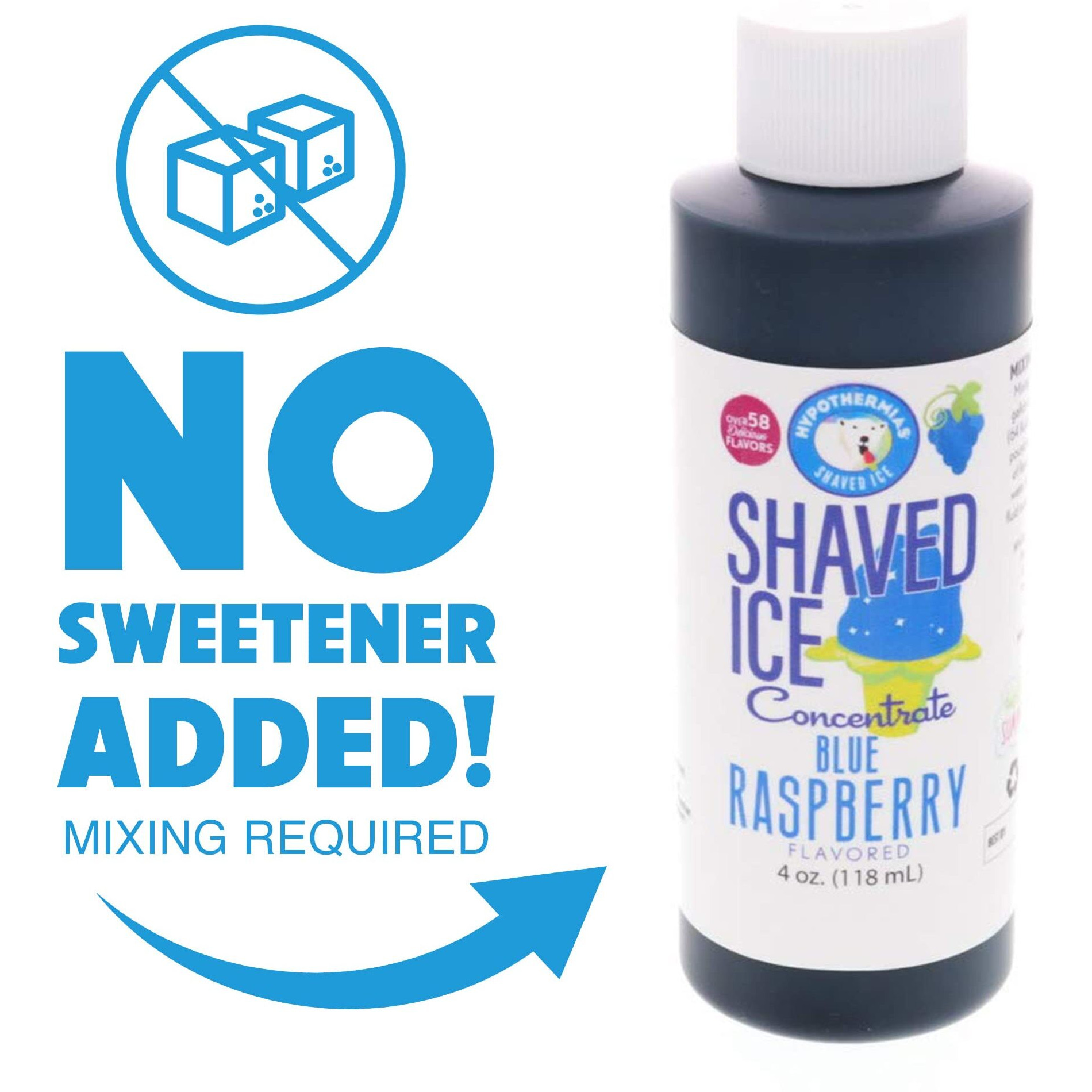 Hypothermias Shaved Ice And Snow Cone Syrup Unsweetened Flavor Concentrate - 4 Fl. Oz - Makes 1 Gallon Of Syrup - Blue Raspberry - Must Add Filtered Water And Sweetener
