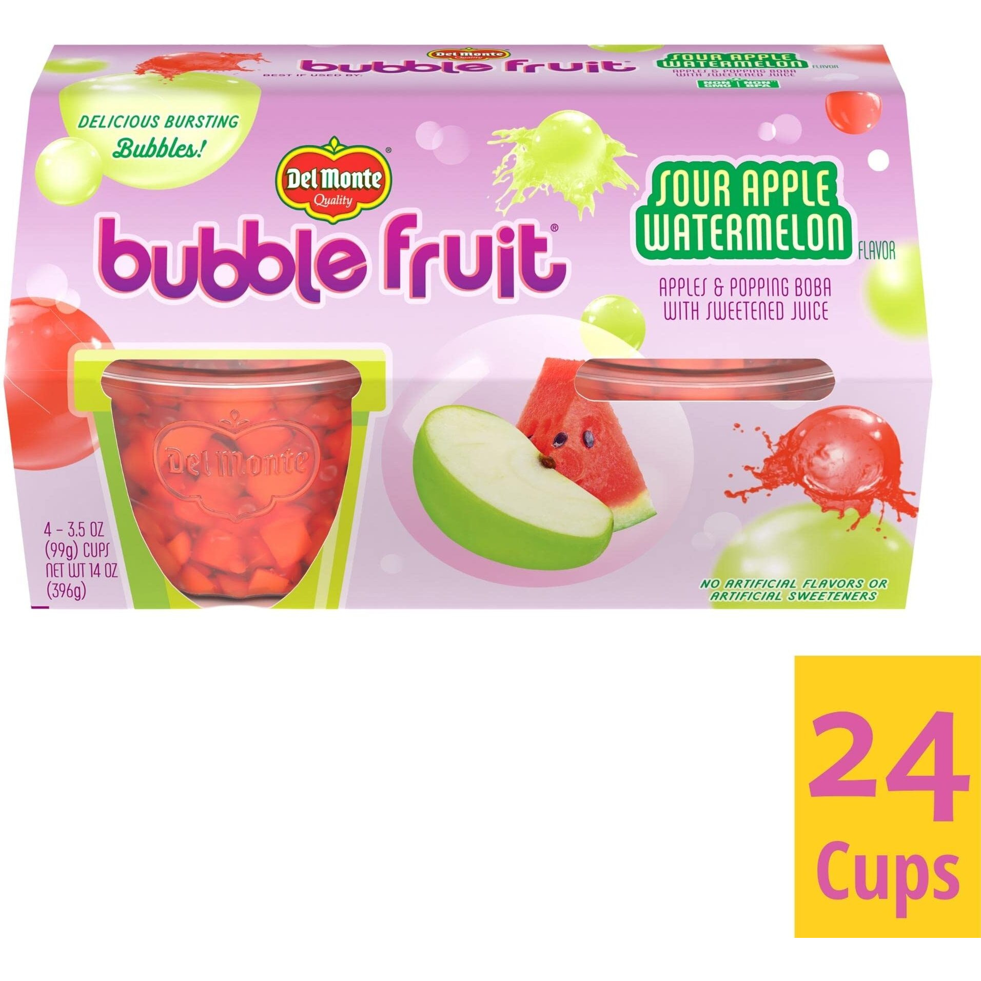 Del Monte Bubble Fruit Sour Apple Watermelon Fruit Cup Snacks, 4 Count (Pack Of 6)