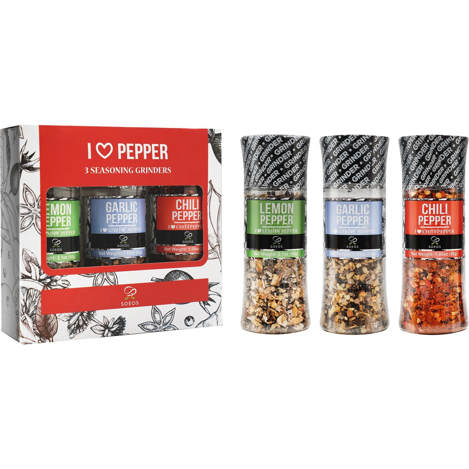 Soeos Spice Seasoning Set Of 3, 4.98Oz(142G), With Integrated Grinders, Salt And Pepper Grinder Set, Pure And Fresh Perfect For Bbq Seasoning Gift Set, Grilling Spice, Herb, Spice & Seasoning Gifts