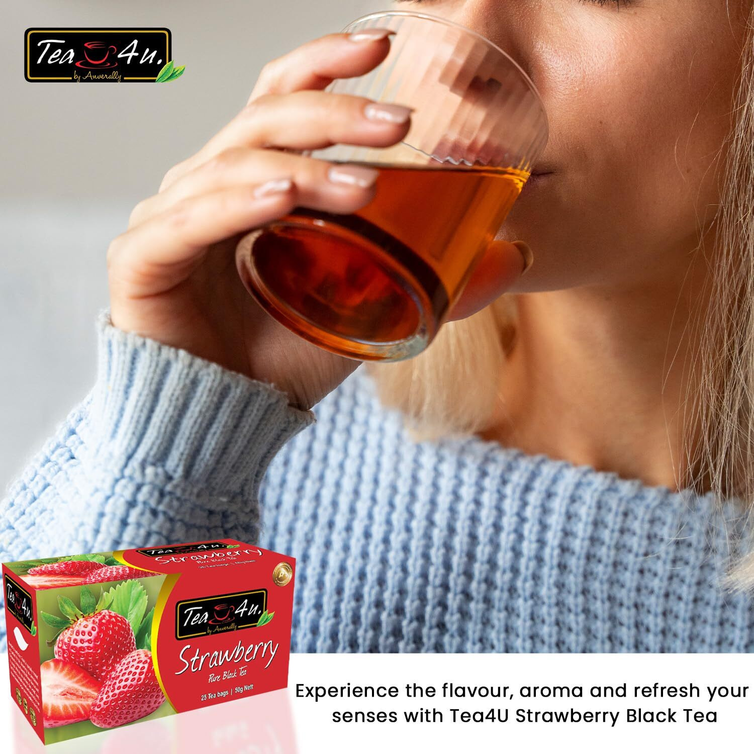 Tea4U Flavored Black Ceylon Teabags - Strawberry | Ideal Quality From Sri Lanka's Finest Leaves And Expertly Blended - 25 Count