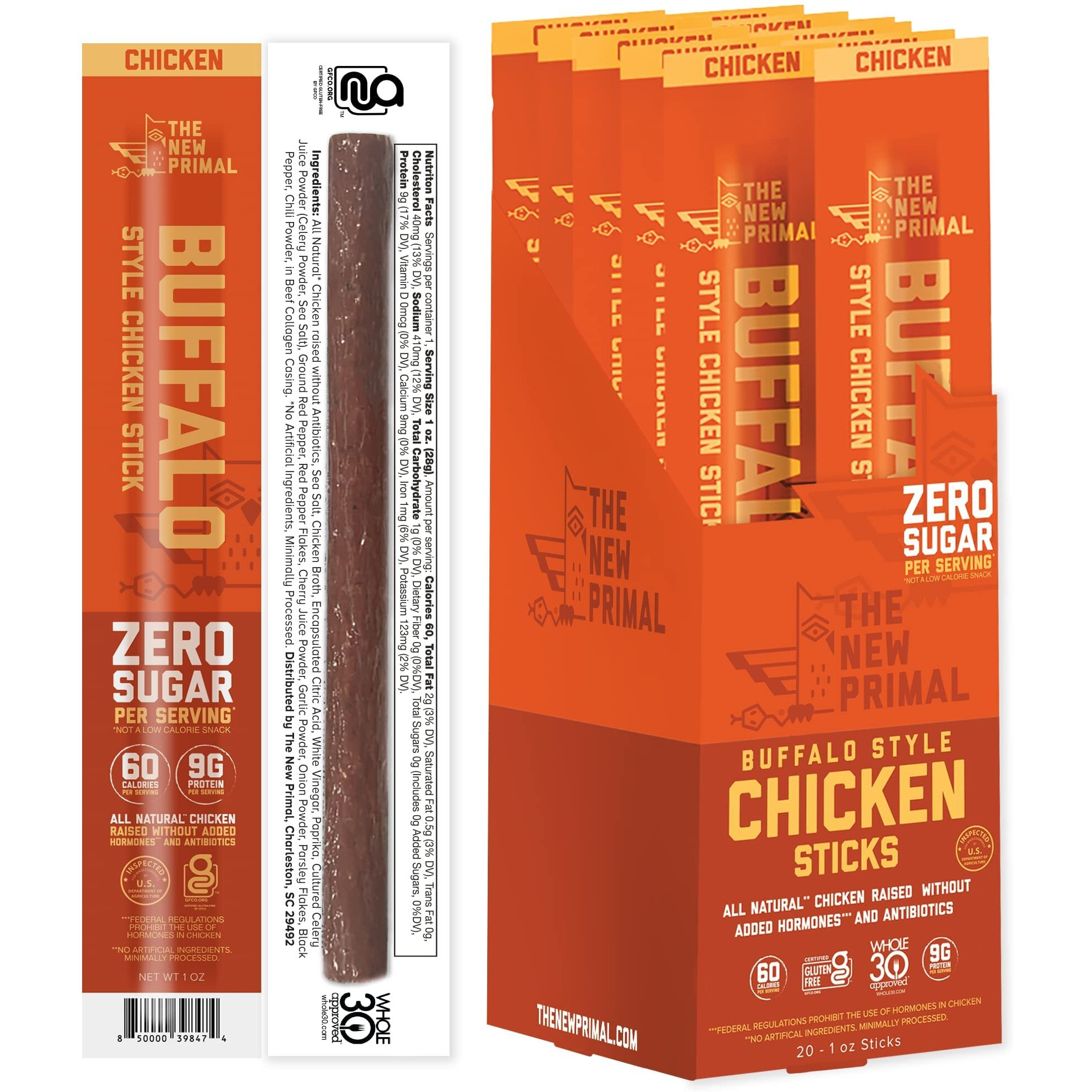 The New Primal Buffalo Chicken Sticks, Keto, Gluten Free Healthy Snacks, Sugar Free Low Carb High Protein, Jerky Meat Stick, 9G Protein, 20 Ct