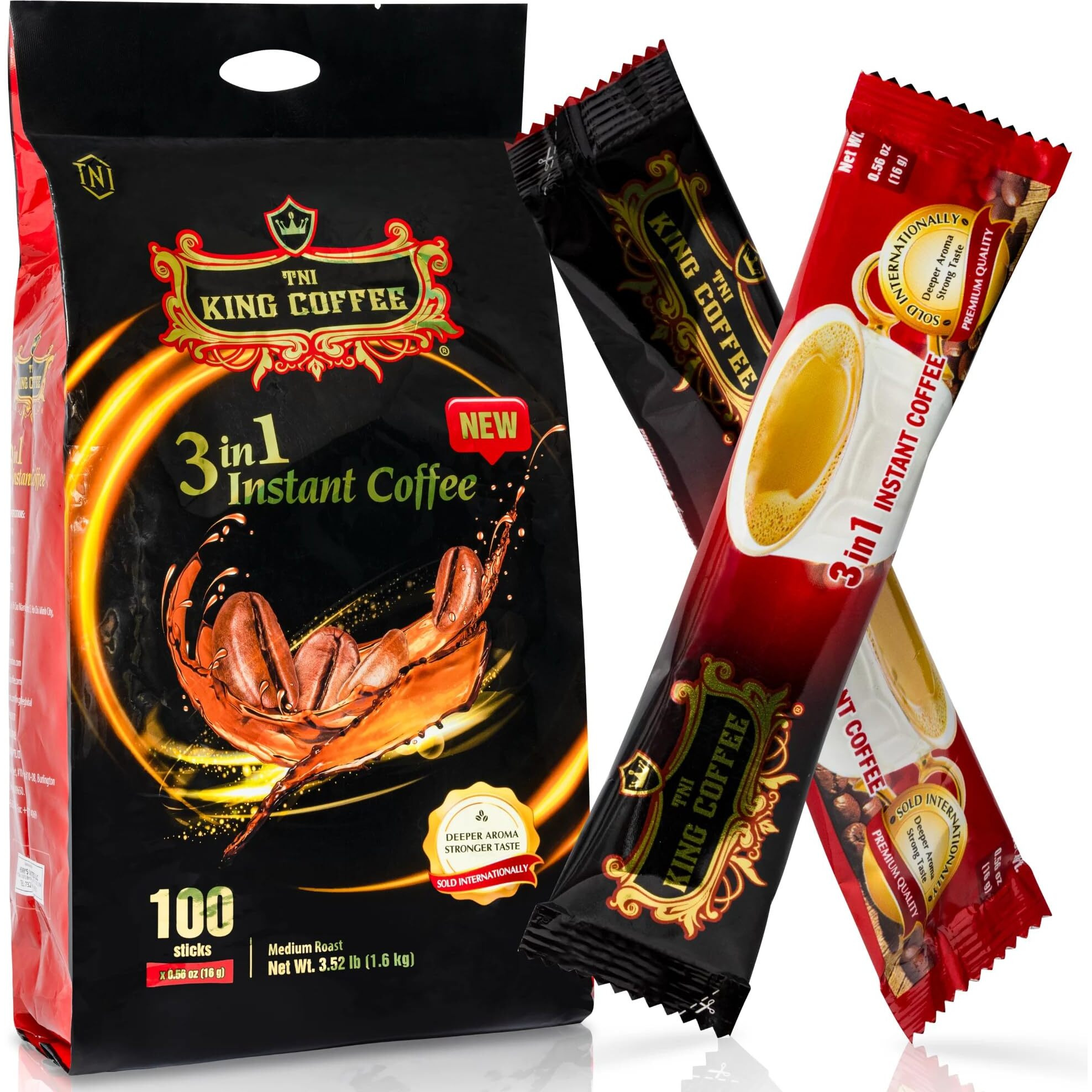 Tni King Coffee 3 In 1 Instant Vietnamese Coffee, 100 Single Serve Packets - Individual Pocket Size Sachet Sticks - Blended With Coffee, Cream Powder And Sugar - Bulk Size Pack