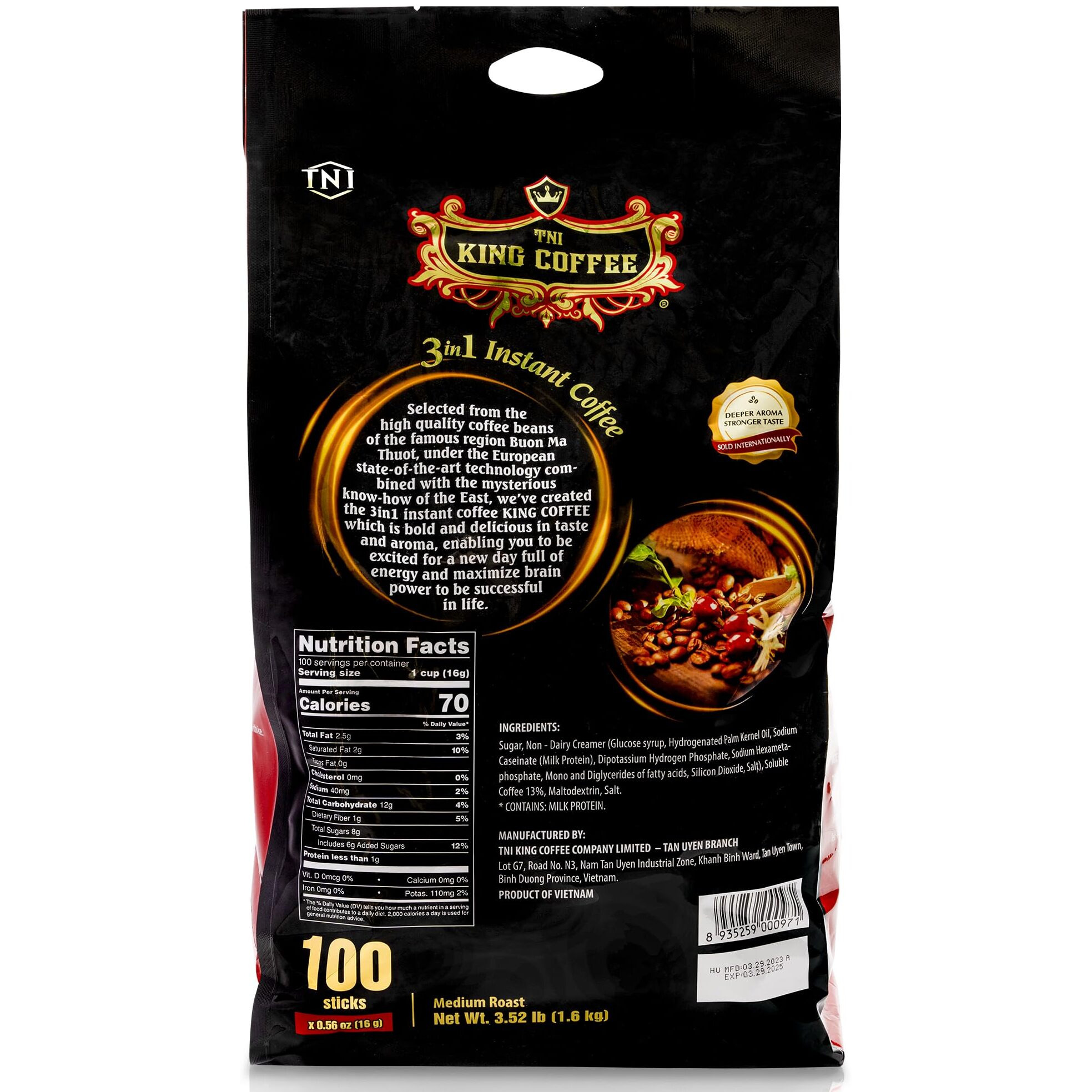 Tni King Coffee 3 In 1 Instant Vietnamese Coffee, 100 Single Serve Packets - Individual Pocket Size Sachet Sticks - Blended With Coffee, Cream Powder And Sugar - Bulk Size Pack