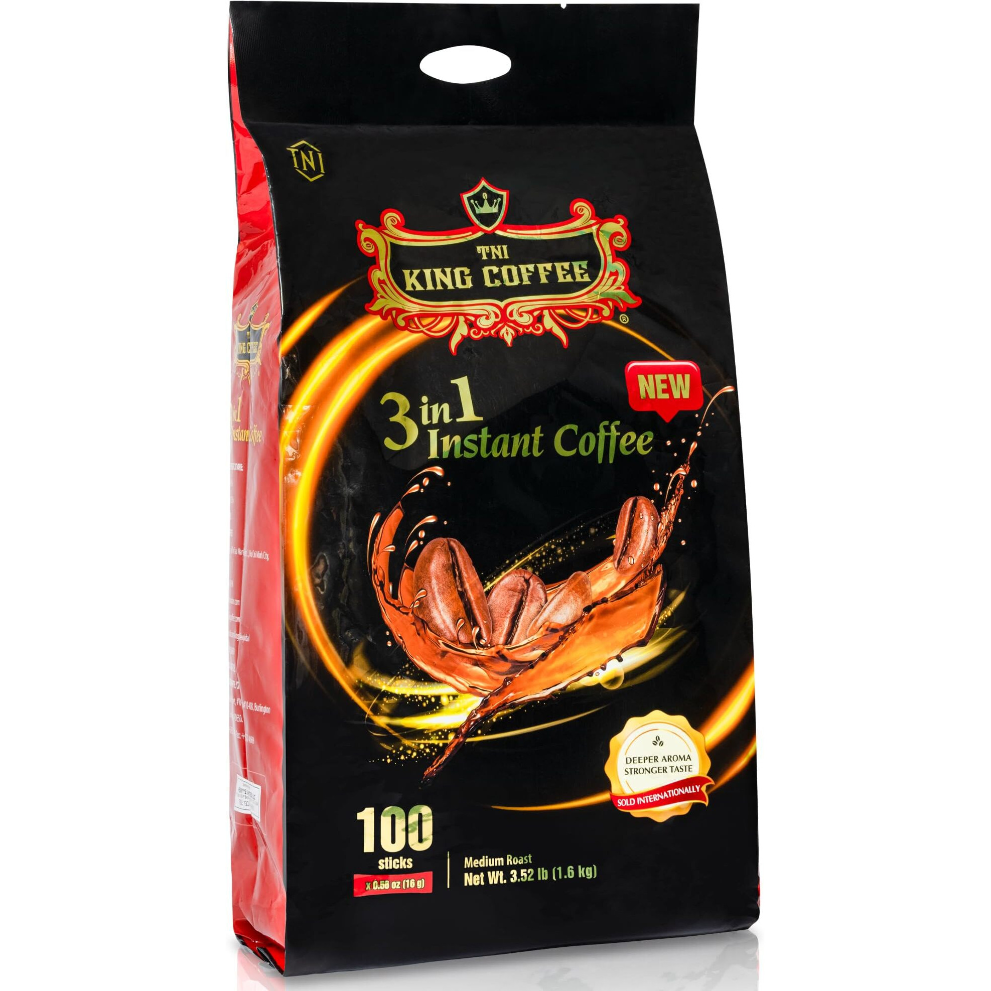 Tni King Coffee 3 In 1 Instant Vietnamese Coffee, 100 Single Serve Packets - Individual Pocket Size Sachet Sticks - Blended With Coffee, Cream Powder And Sugar - Bulk Size Pack