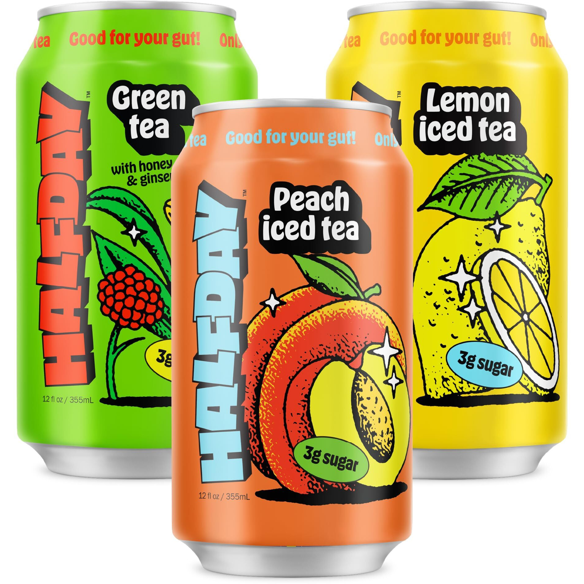 Halfday Prebiotic Iced Tea Cans, Variety 12 Pack, Supports Digestive Health & Gut Health, 8G Plant Fiber & Prebiotics, Gluten Free, Paleo, Low Calorie, Low Sugar, Organic Lemon, Peach & Green Tea