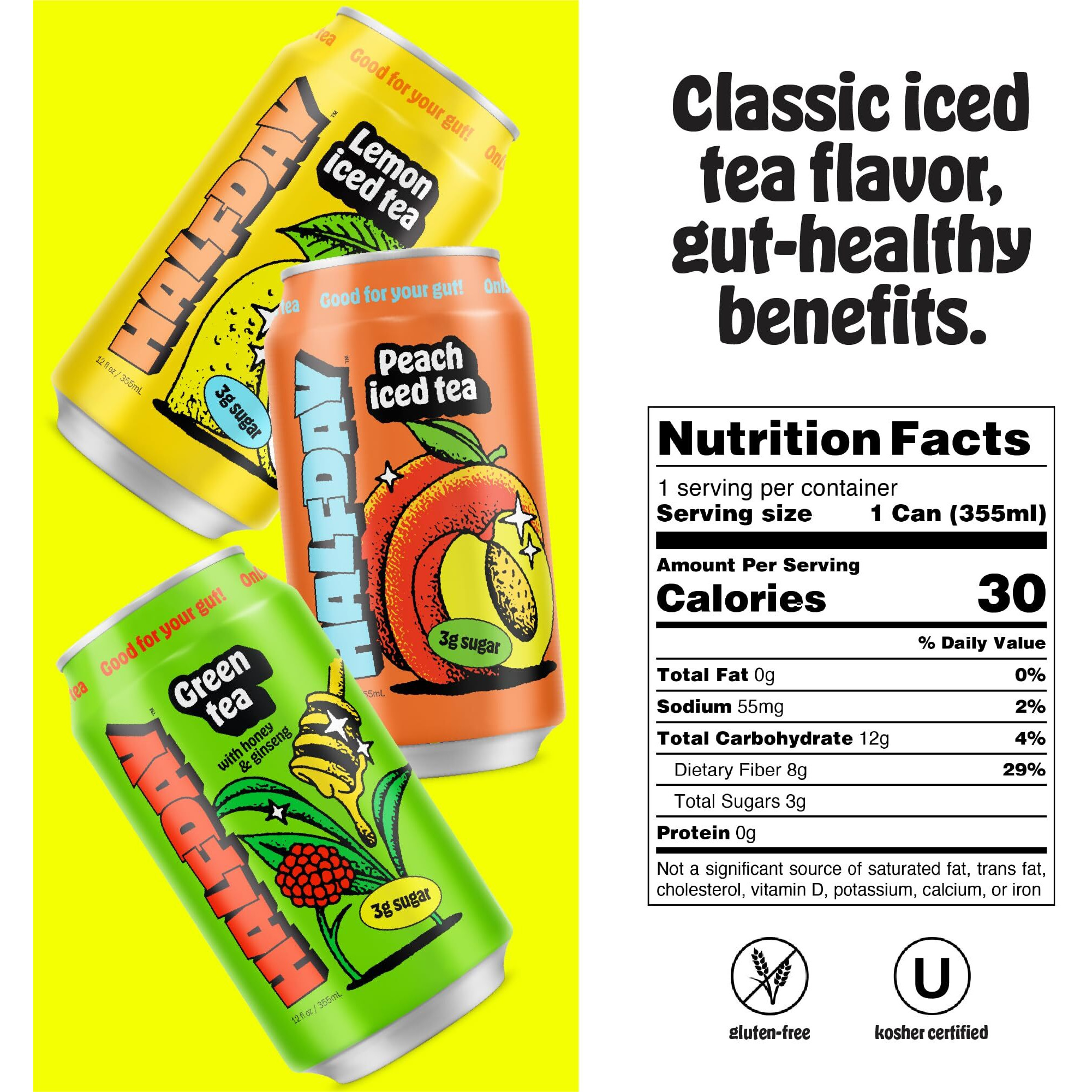Halfday Prebiotic Iced Tea Cans, Variety 12 Pack, Supports Digestive Health & Gut Health, 8G Plant Fiber & Prebiotics, Gluten Free, Paleo, Low Calorie, Low Sugar, Organic Lemon, Peach & Green Tea
