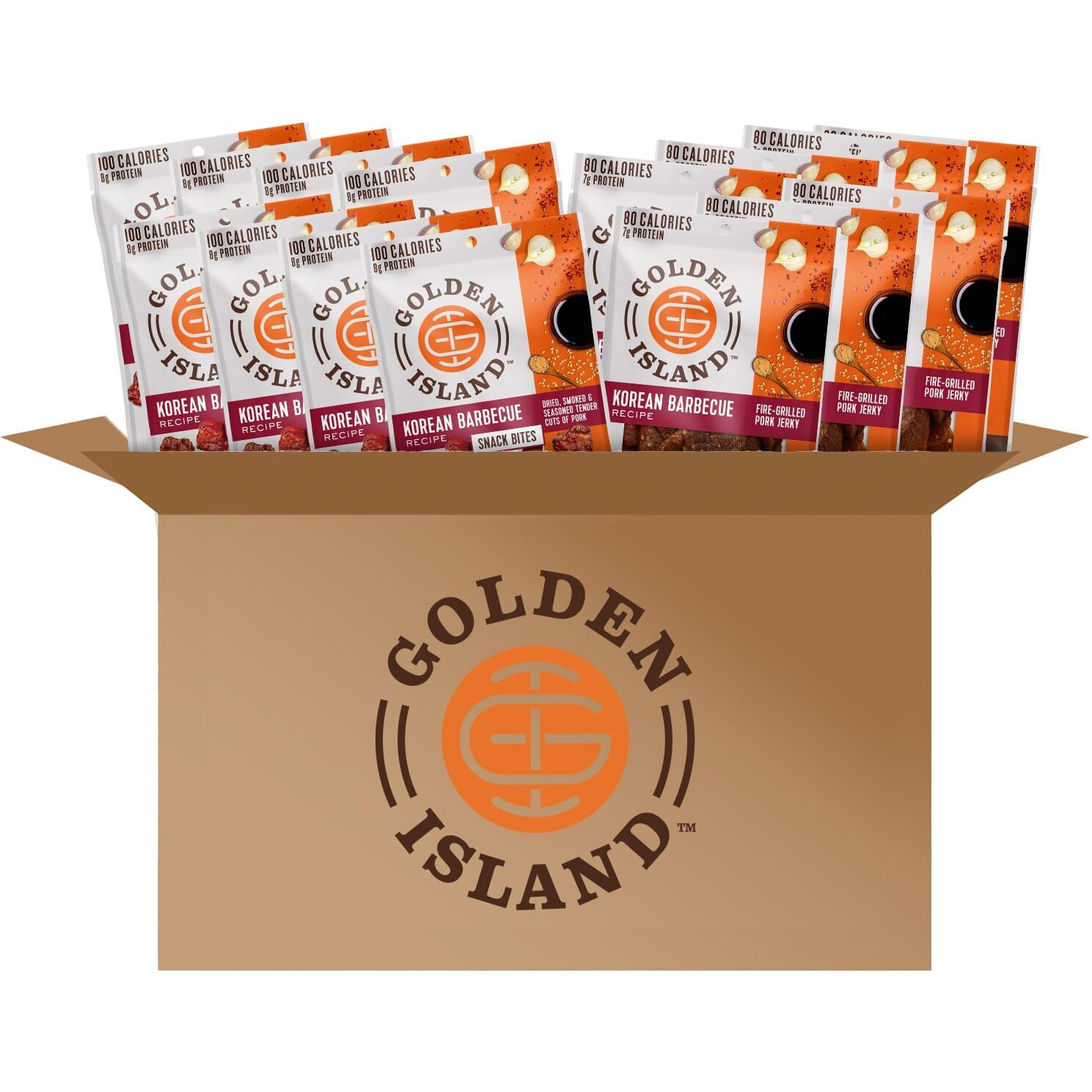 Golden Island Pork Jerky Korean Bbq Variety Pack, Specialty Meat Snack, Gluten Free With Korean Barbecue Seasoning, Good Source Of Protein, Includes (8) 1.25Oz Snack Bite Bags & (7) 1Oz Jerky Bags