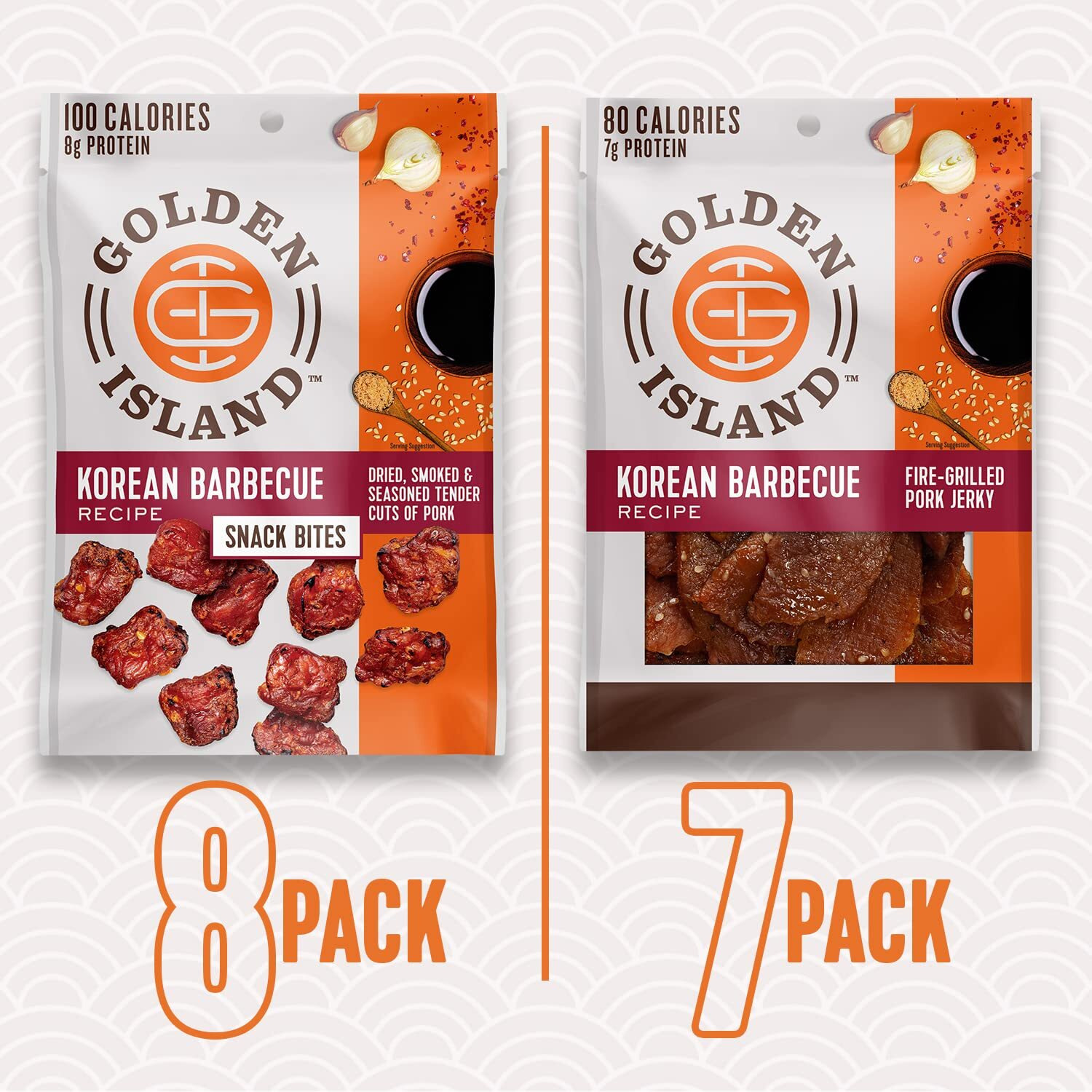 Golden Island Pork Jerky Korean Bbq Variety Pack, Specialty Meat Snack, Gluten Free With Korean Barbecue Seasoning, Good Source Of Protein, Includes (8) 1.25Oz Snack Bite Bags & (7) 1Oz Jerky Bags