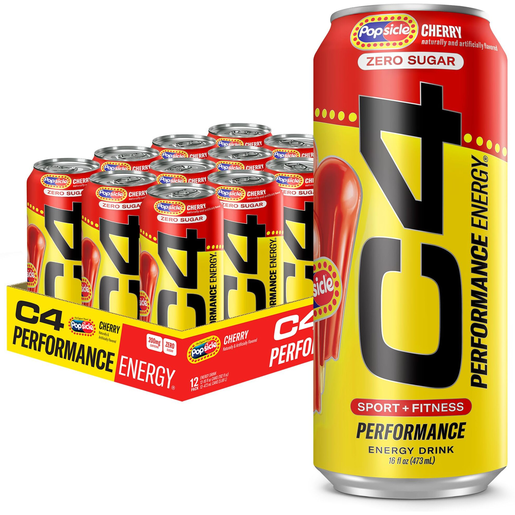 C4 Energy Drink X Popsicle Cherry, Carbonated Sugar Free Pre Workout Performance Drink With No Artificial Colors Or Dyes, 16 Oz, Pack Of 12