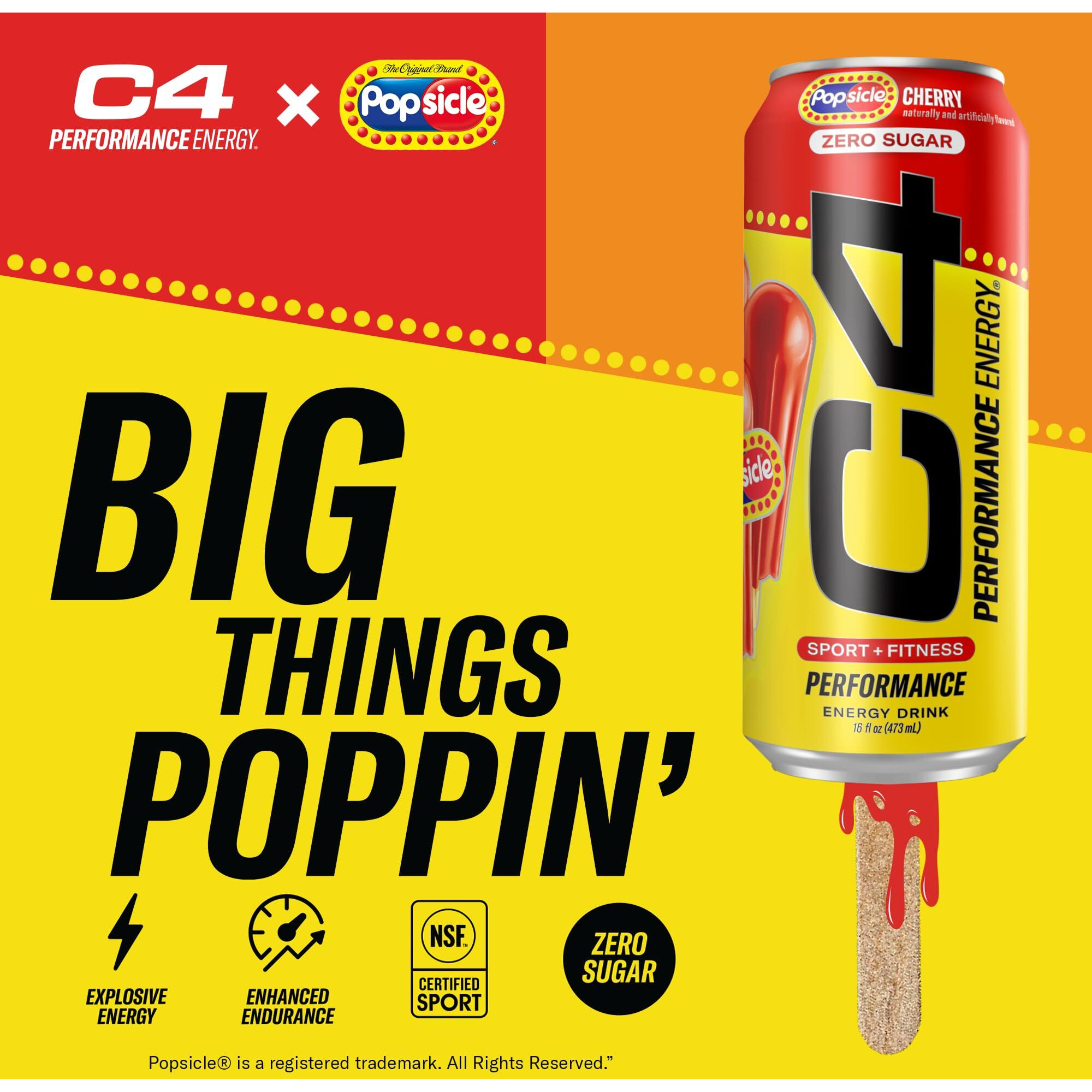 C4 Energy Drink X Popsicle Cherry, Carbonated Sugar Free Pre Workout Performance Drink With No Artificial Colors Or Dyes, 16 Oz, Pack Of 12