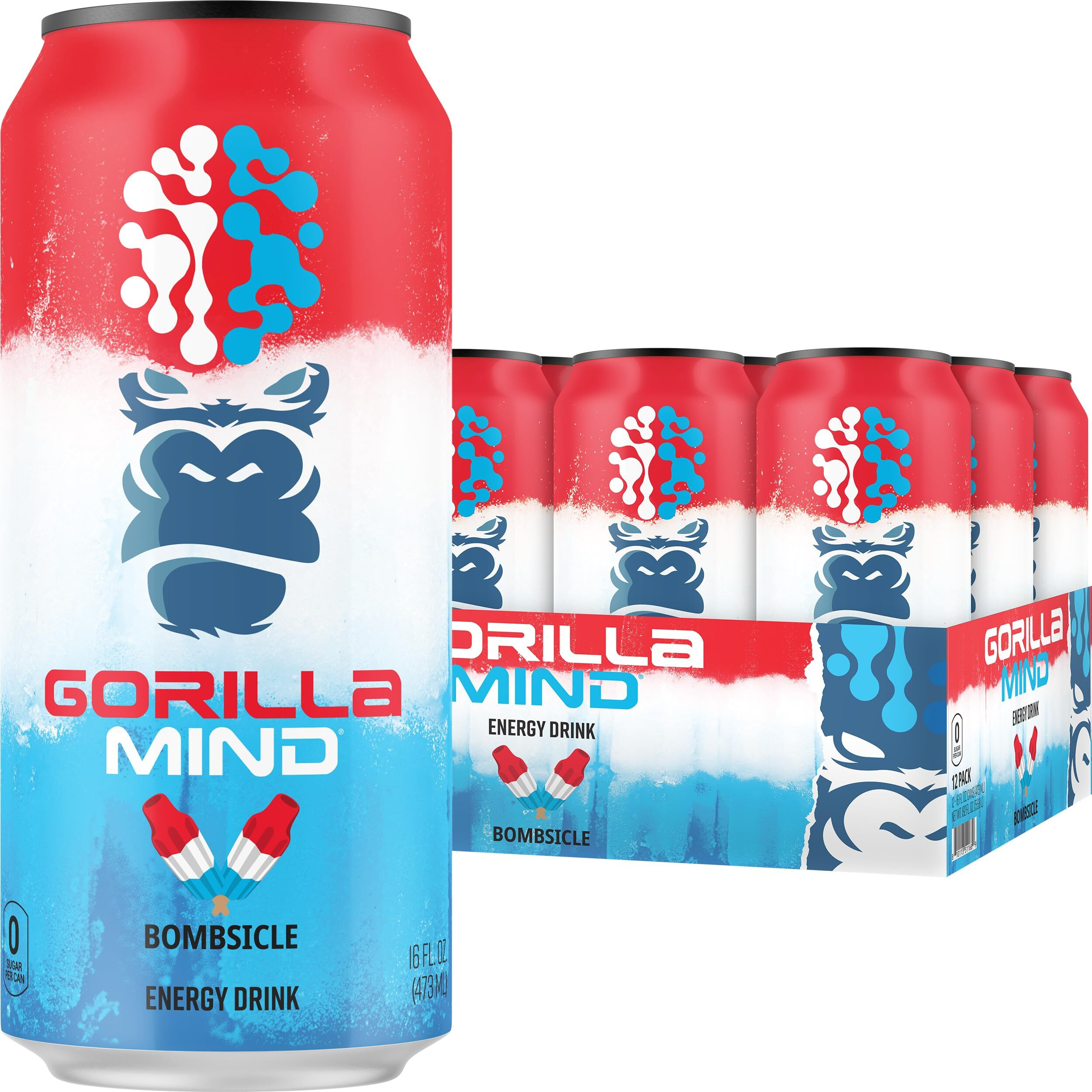 Gorilla Mind Energy Drink | Unmatched Energy  Amplified Focus | N-Acetyl-L-Tyrosine, Alpha-Gpc, 200Mg Caffeine, Uridine, Saffron | 0 Sugar Or Artificial Colors | 16Oz, 12-Pack (Bombsicle)