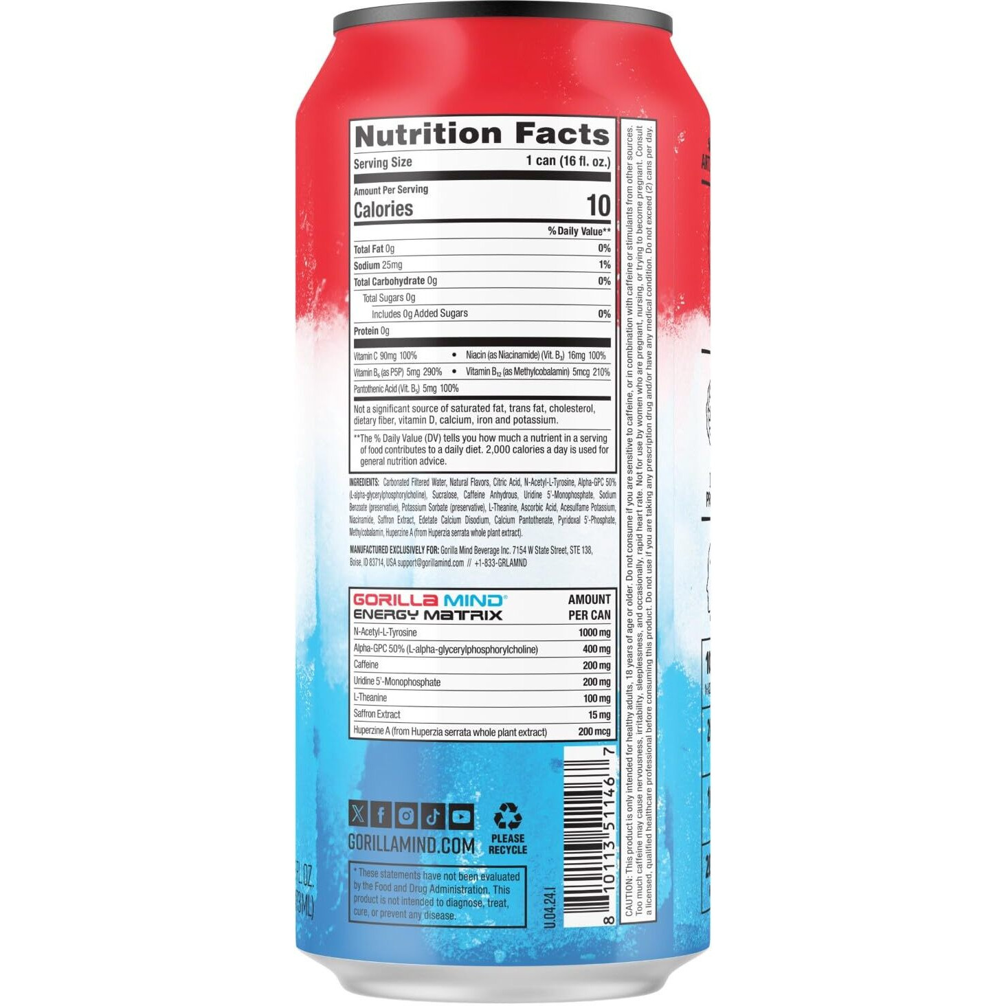 Gorilla Mind Energy Drink | Unmatched Energy  Amplified Focus | N-Acetyl-L-Tyrosine, Alpha-Gpc, 200Mg Caffeine, Uridine, Saffron | 0 Sugar Or Artificial Colors | 16Oz, 12-Pack (Bombsicle)