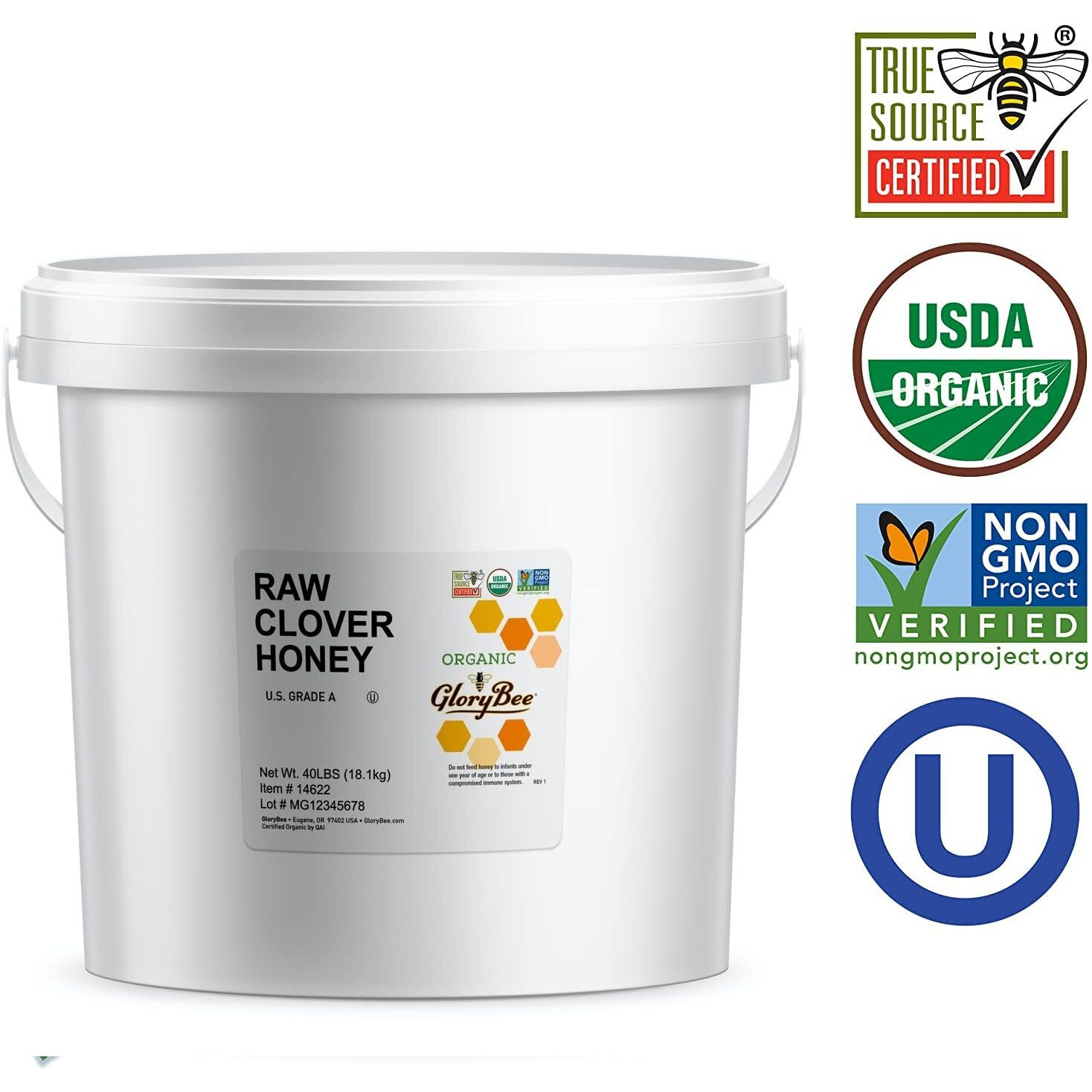Glorybee Raw Honey, True Source Certified, Usda Organic, Organic Clover, 186.72 Ounce Bulk Pail