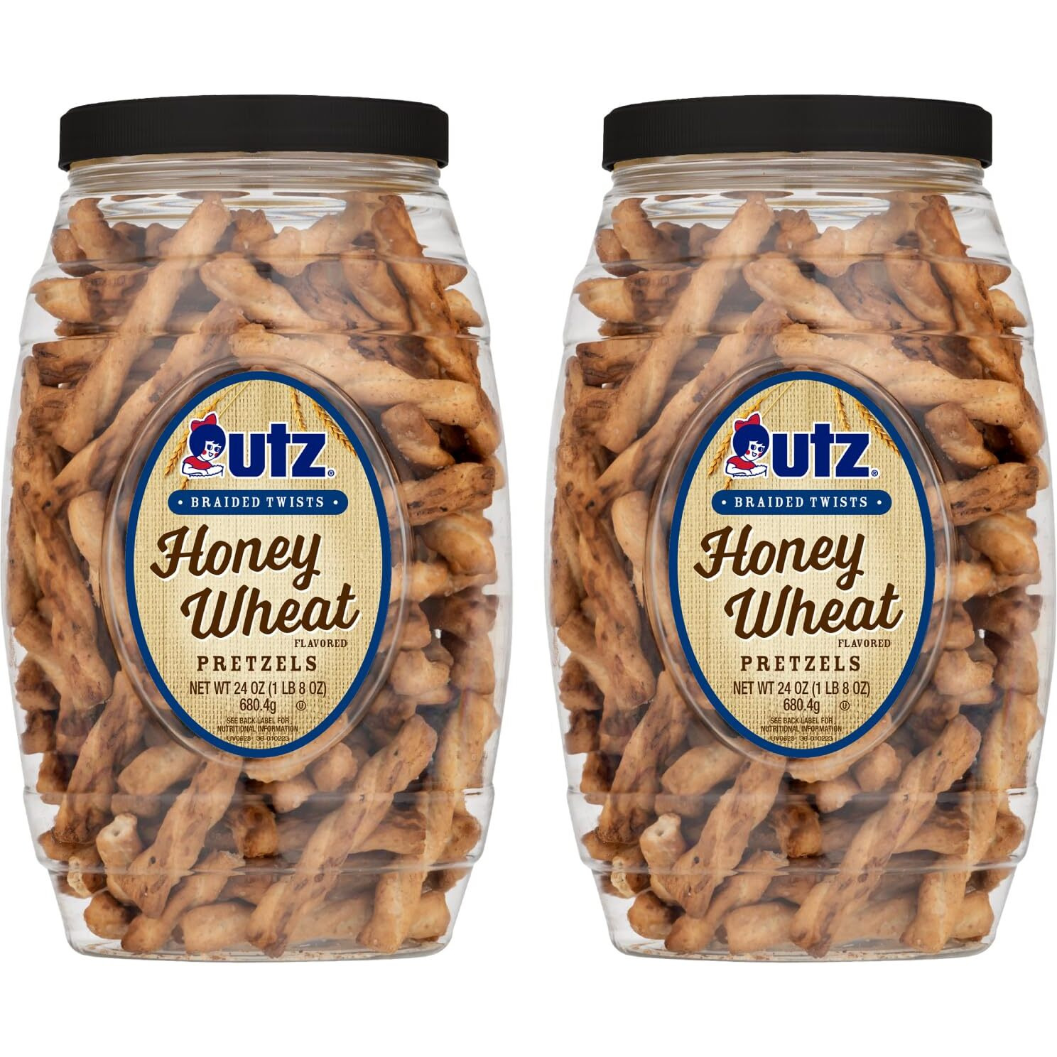 Utz Braided Honey Wheat Pretzel Twists - 24 Oz Barrel (2 Count) - Sweet Honey Taste, Thick, Crunchy Pretzel Twists, Perfect For Dipping And Snacks, Zero Cholesterol Snack Food, Brown