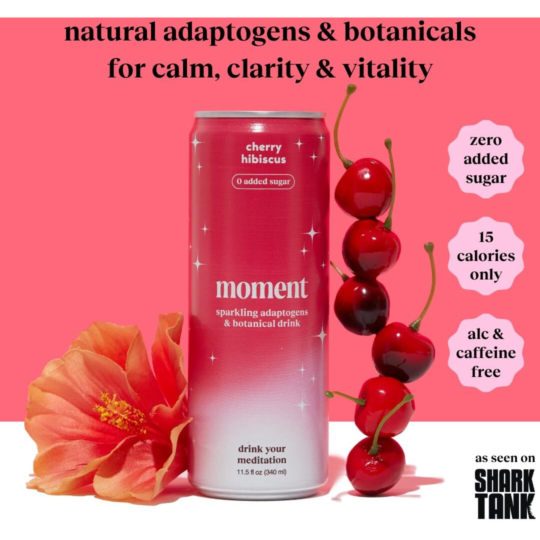 Moment Adaptogen Drink (Shark Tank) | Cherry Hibiscus Sparkling Soda | Flavored Sparkling Water | L-Theanine, Ashwagandha For Calm | Sugar Free Drinks, 0 Caffeine, 0 Alcohol | 12-Pack