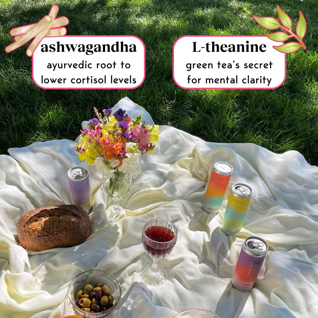 Moment Adaptogen Drink (Shark Tank) | Cherry Hibiscus Sparkling Soda | Flavored Sparkling Water | L-Theanine, Ashwagandha For Calm | Sugar Free Drinks, 0 Caffeine, 0 Alcohol | 12-Pack