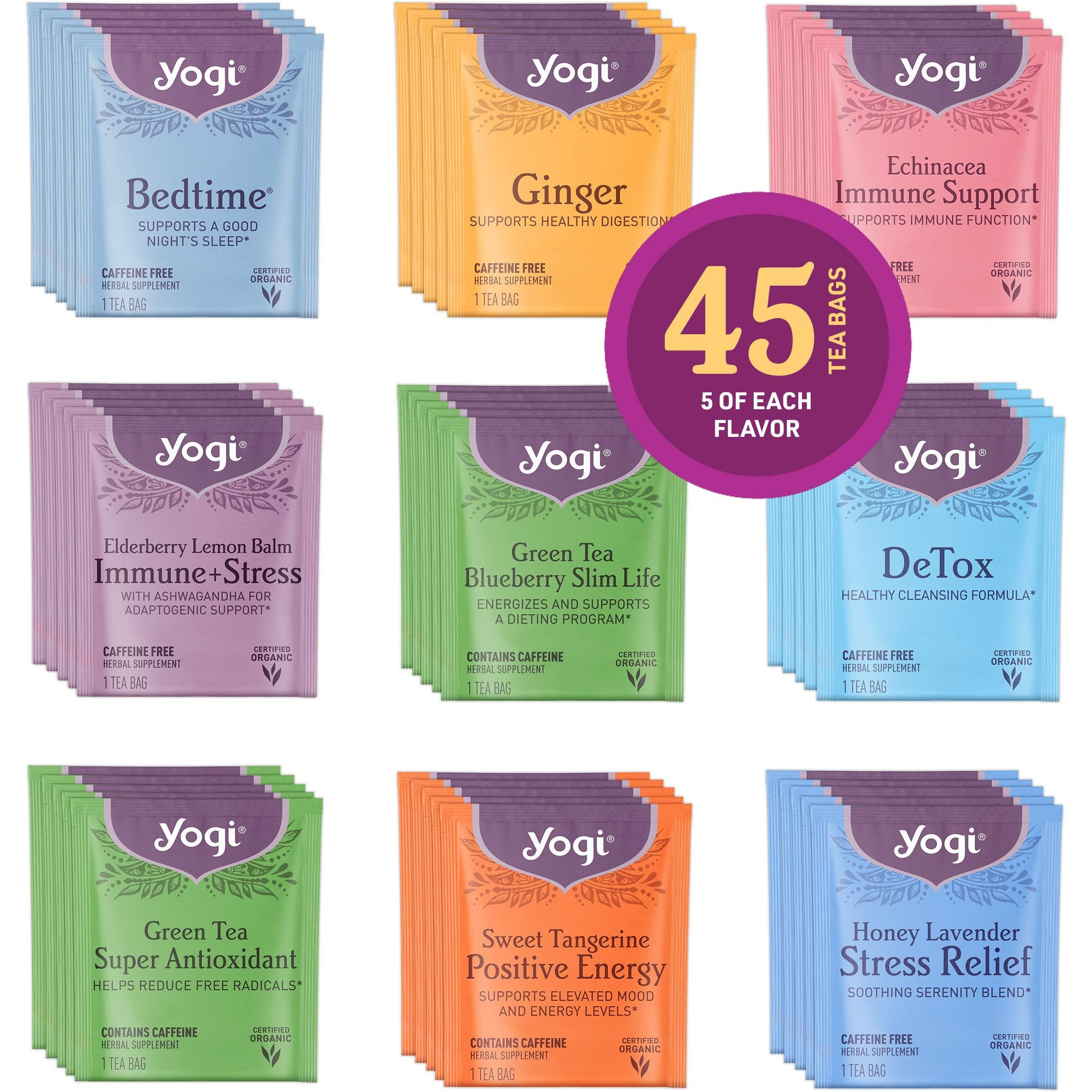 Favorites Yogi Tea Organic Sampler Gift Box - Assorted Delicious Wellness Teas - 9 Herbal, Green & Black Teas - Tea Gift Set & Variety Pack (45 Tea Bags)