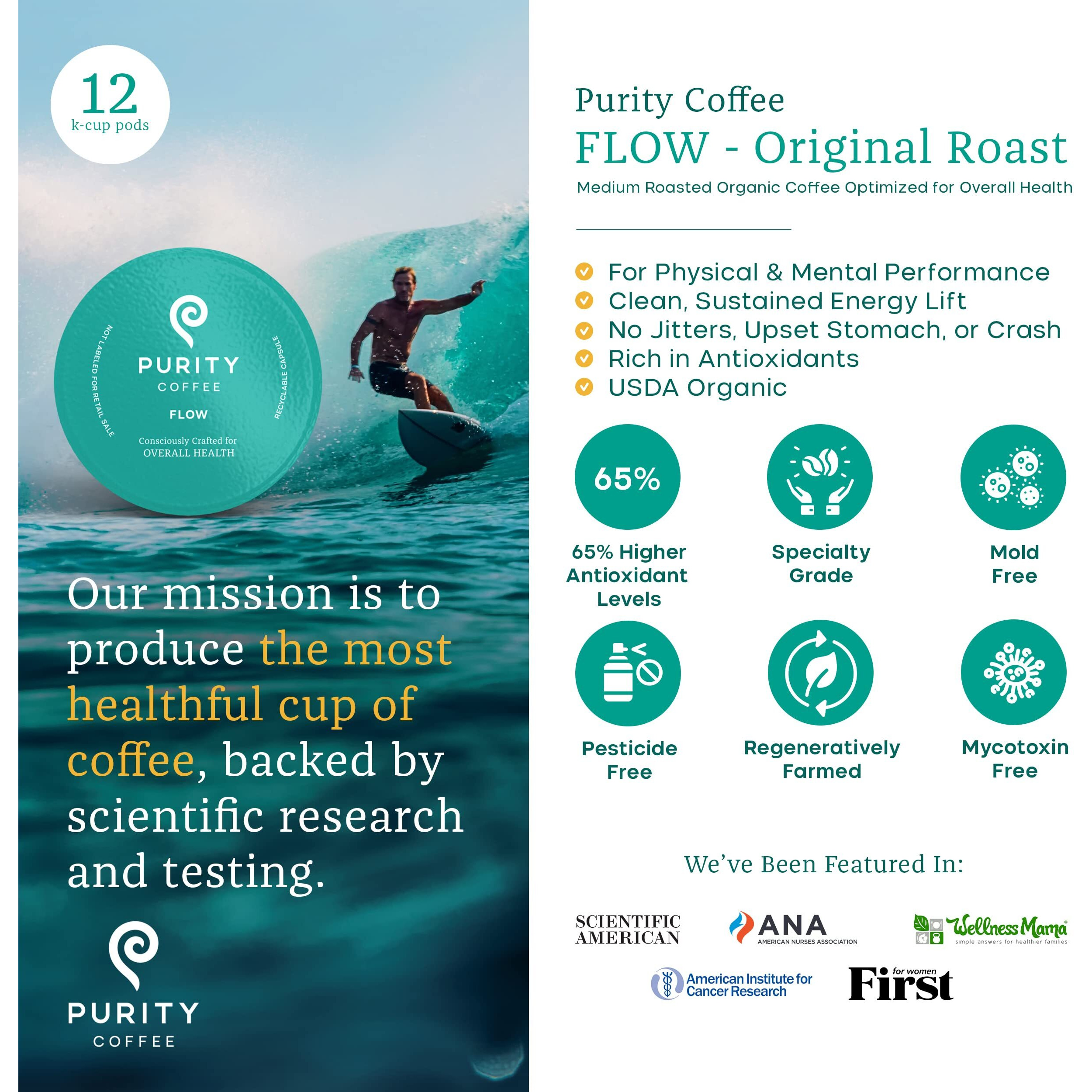 Purity Coffee Flow Medium Roast Organic Coffee - Usda Certified Organic Specialty Grade Arabica Single-Serve Coffee Pods - Third Party Tested For Mold, Mycotoxins And Pesticides - 12 Ct Box