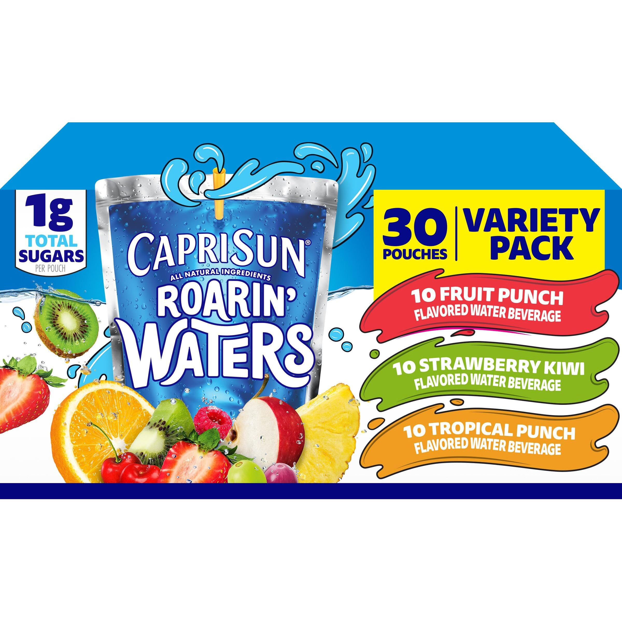 Capri Sun Roarin' Waters Fruit Punch, Strawberry Kiwi & Tropical Punch Flavored With Other Natural Flavor Water Beverage, 30 Ct Box, 6 Fl Oz Drink Pouches