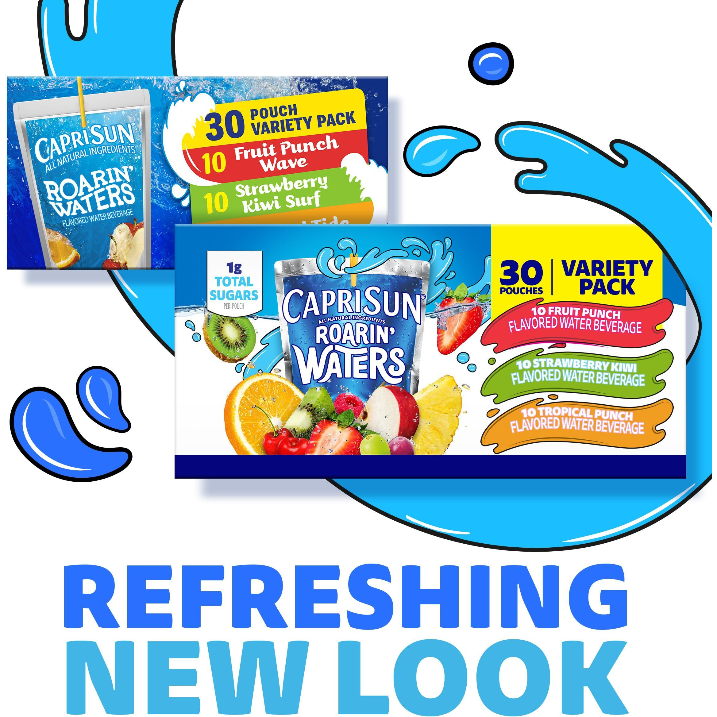 Capri Sun Roarin' Waters Fruit Punch, Strawberry Kiwi & Tropical Punch Flavored With Other Natural Flavor Water Beverage, 30 Ct Box, 6 Fl Oz Drink Pouches