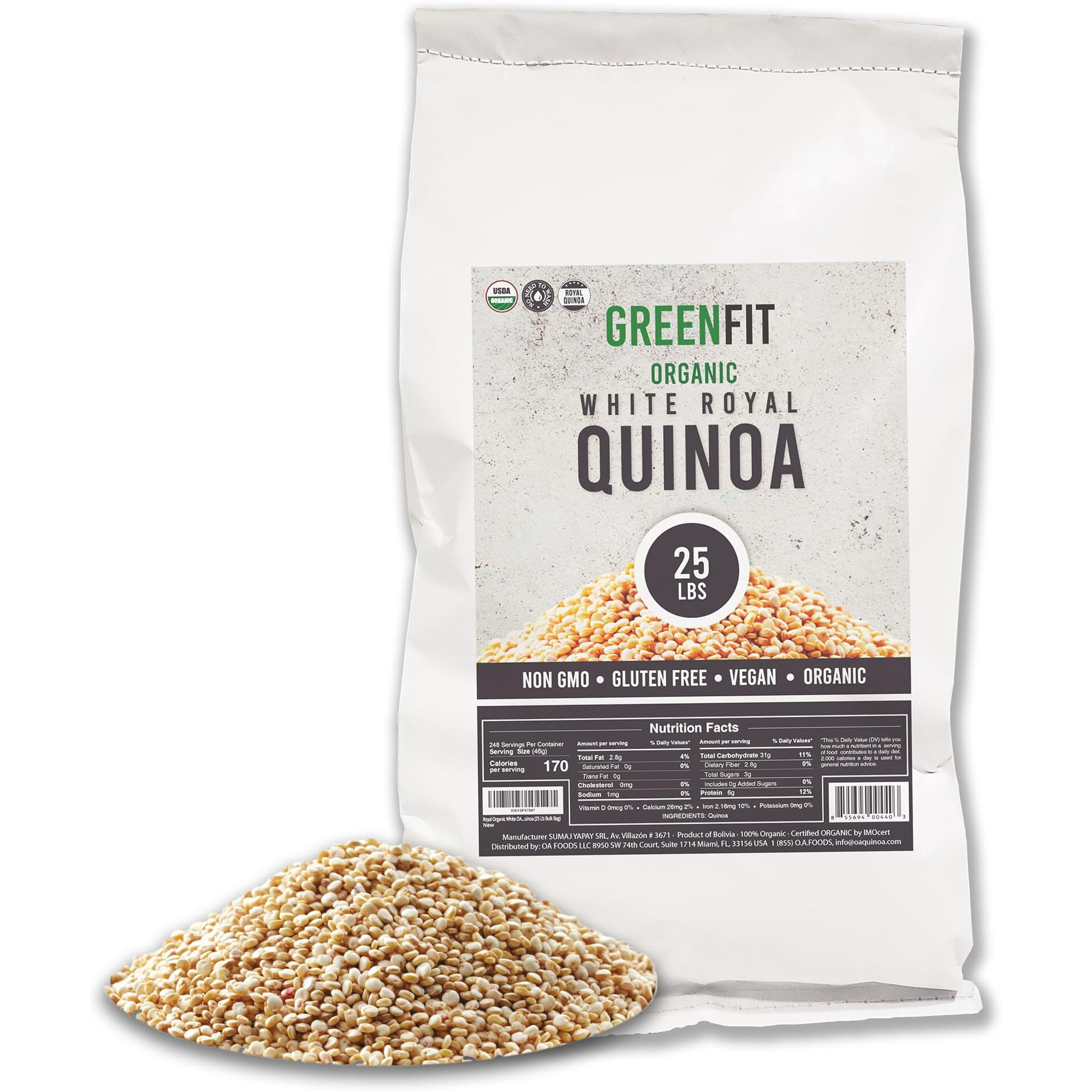 Royal Organic White Quinoa | Oa Quinoa Now Greenfit | Non-Gmo, Gluten-Free, Vegan, And Organic | Complete Protein, High Fiber, Low-Calorie White Quinoa | (25 Pound - Pack Of 1)