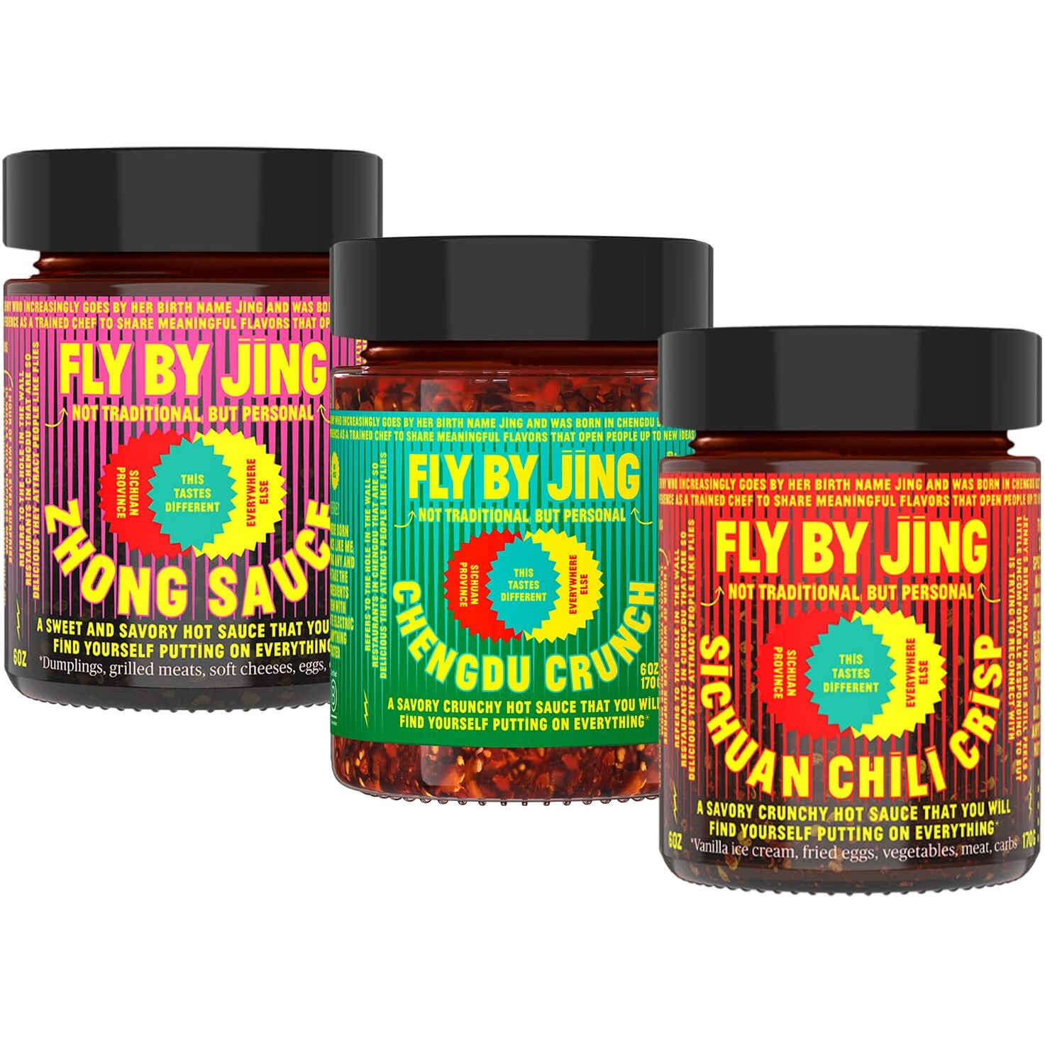 Flybyjing Variety Pack W/Sichuan Chili Crisp, Zhong Sauce & Chengdu Crunch, All Natural & Vegan, Perfect Hot Sauce Gift For Foodies, 6Oz (3 Pack)