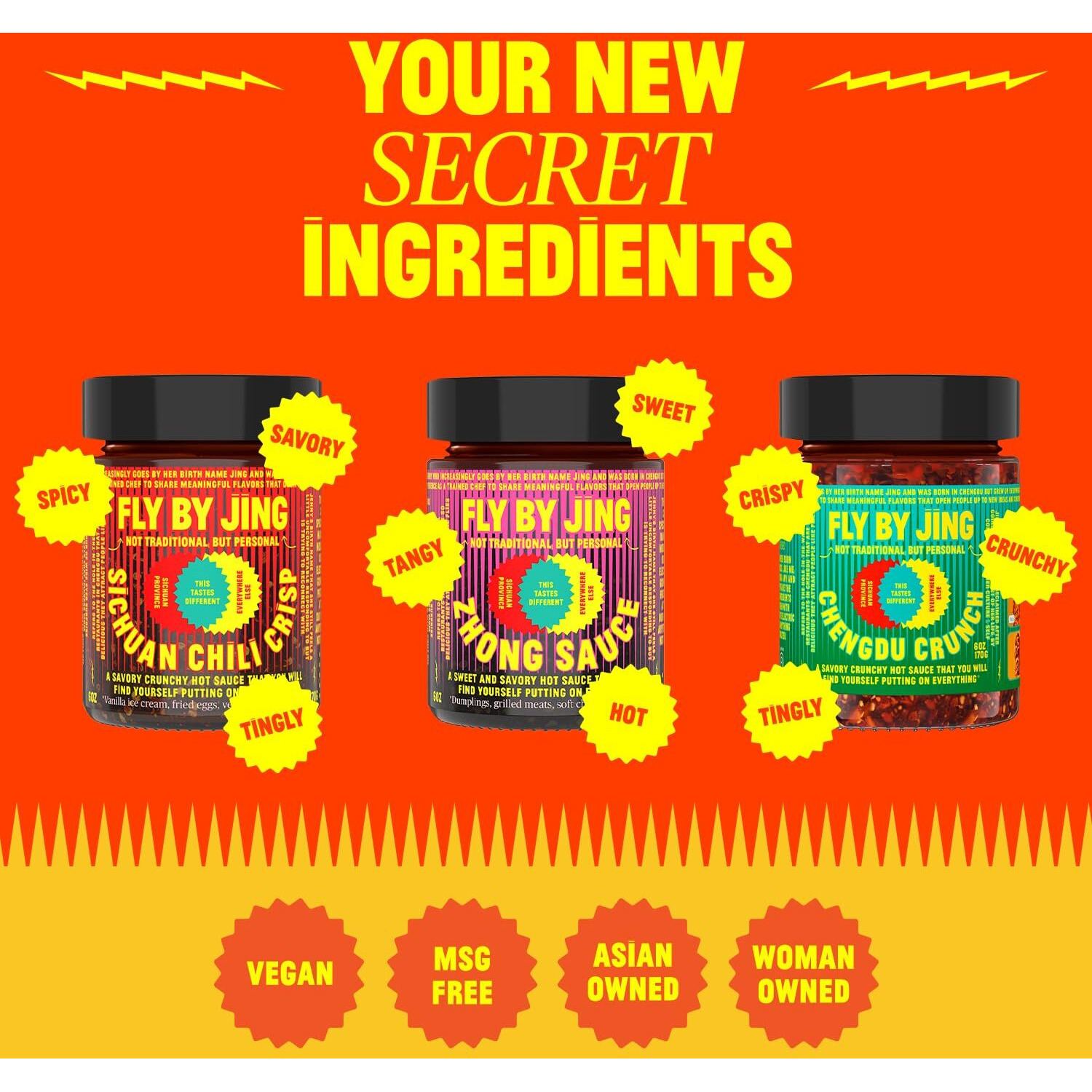 Flybyjing Variety Pack W/Sichuan Chili Crisp, Zhong Sauce & Chengdu Crunch, All Natural & Vegan, Perfect Hot Sauce Gift For Foodies, 6Oz (3 Pack)