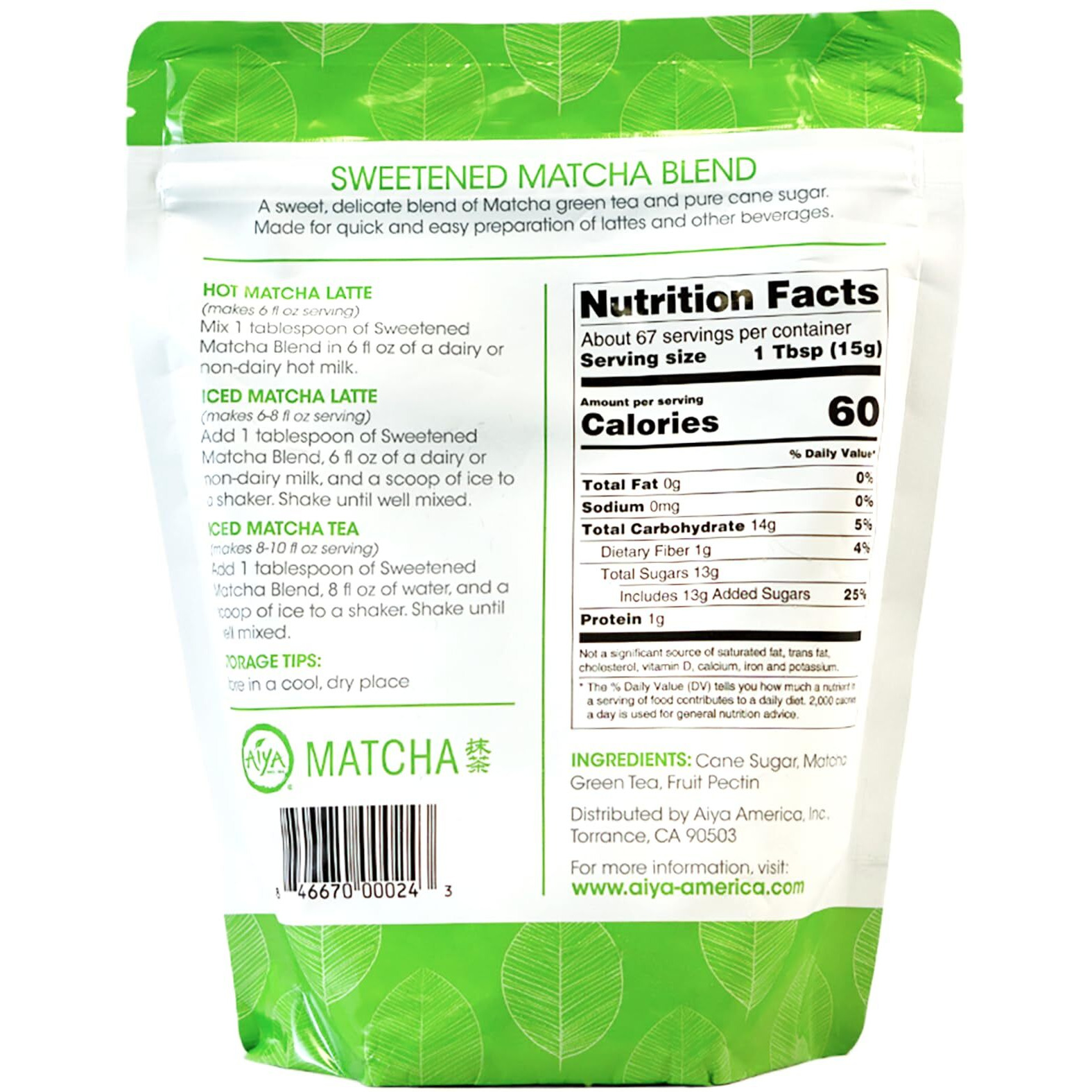 Aiya Sweetened Matcha Blend Powder - Matcha Latte Powder With Antioxidant-Rich Japanese Green Tea & Pure Cane Sugar - Ideal For Smoothies, Lattes, And Culinary Creations - 1Kg Bag (2.2 Lbs)