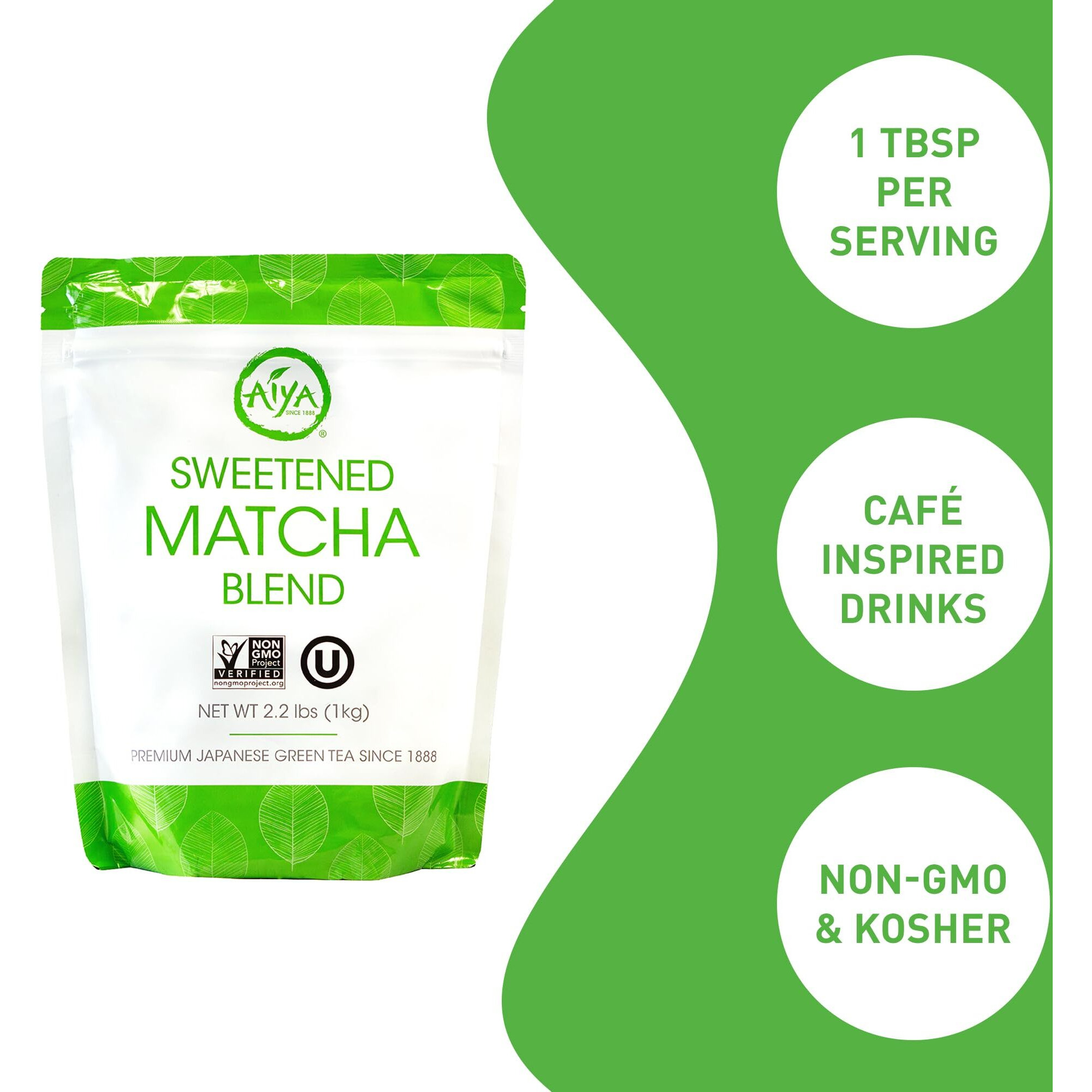 Aiya Sweetened Matcha Blend Powder - Matcha Latte Powder With Antioxidant-Rich Japanese Green Tea & Pure Cane Sugar - Ideal For Smoothies, Lattes, And Culinary Creations - 1Kg Bag (2.2 Lbs)