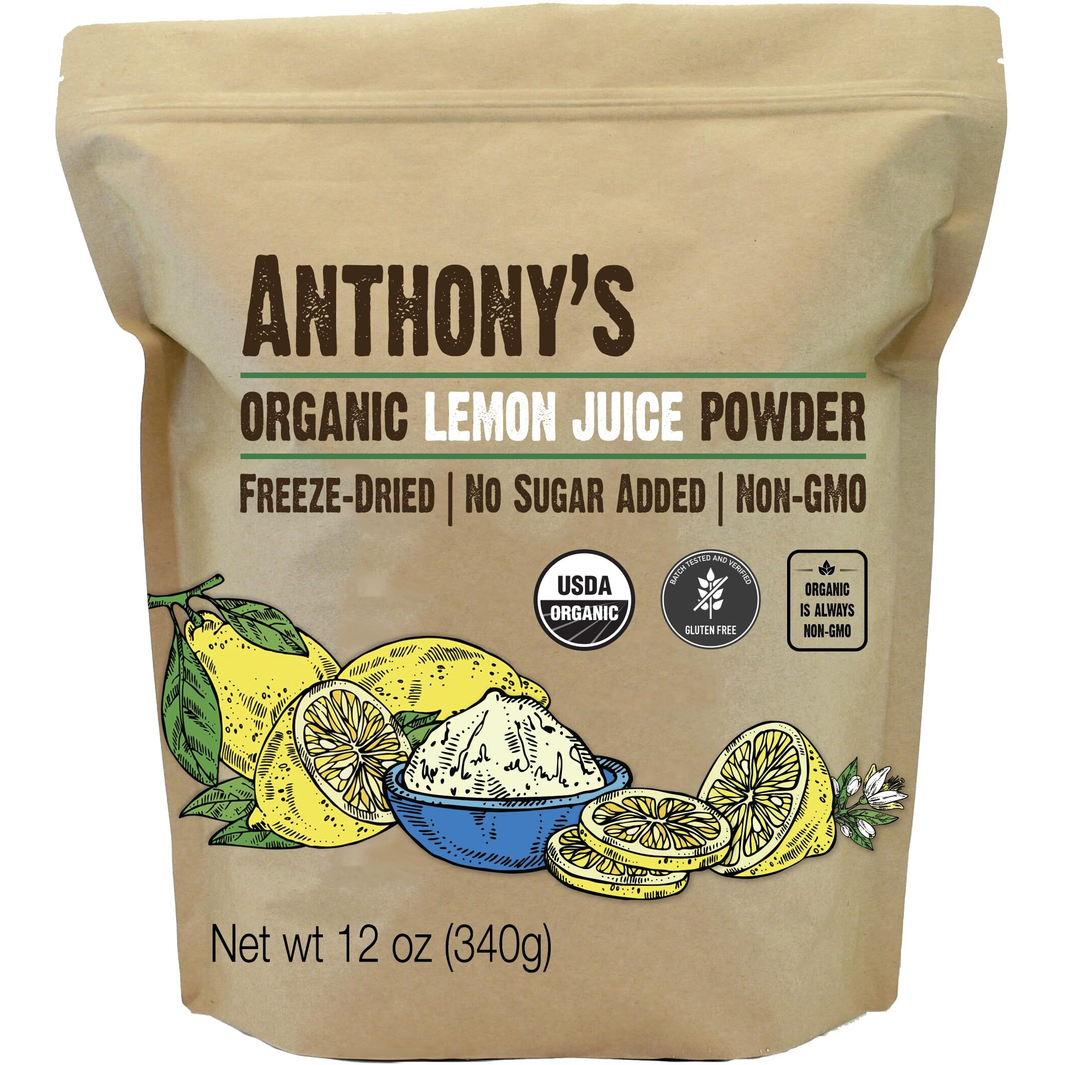 Anthony's Organic Lemon Juice Powder, 12 Ounce, Freeze Dried, Cold Pressed, No Sugar Added, Gluten Free, Non Gmo