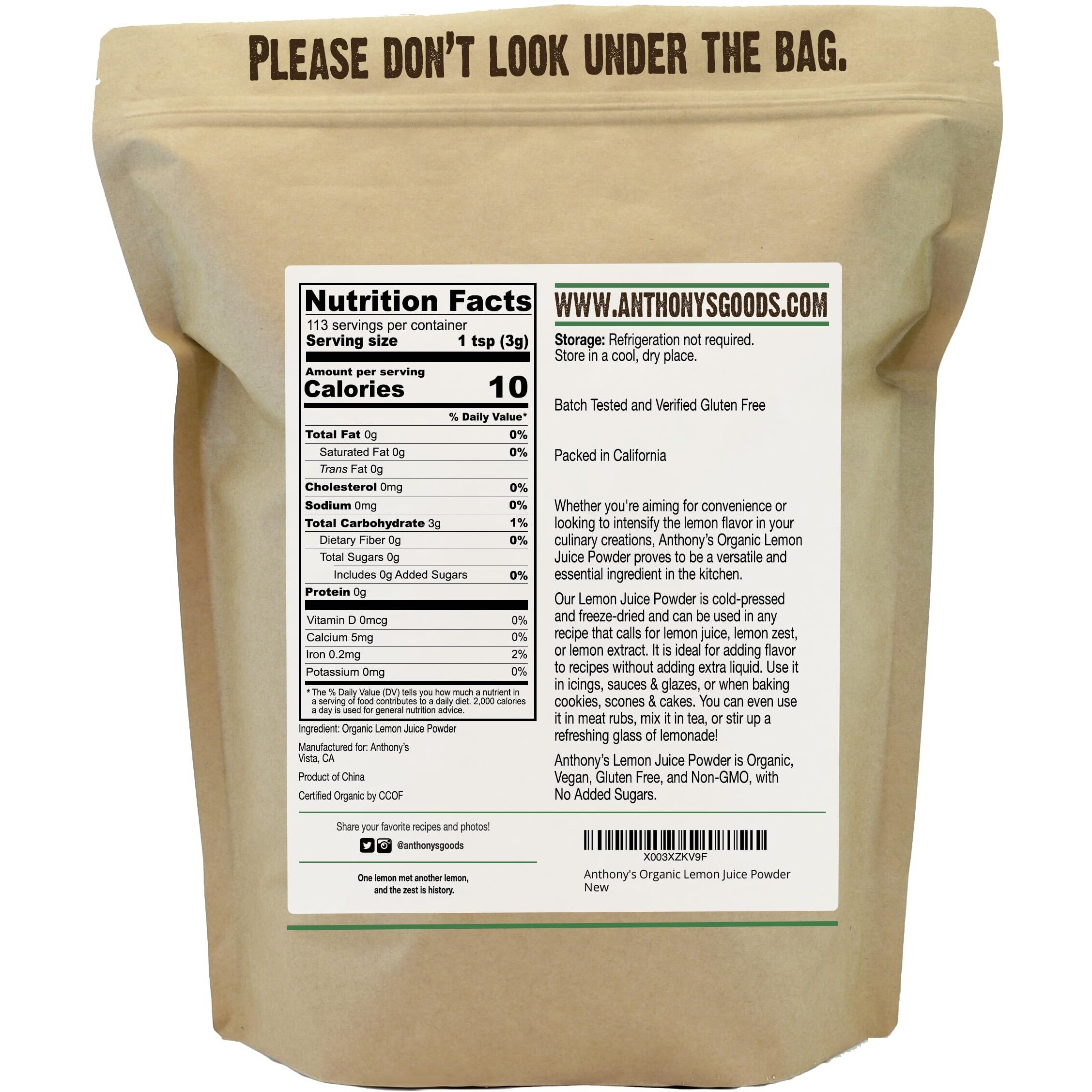 Anthony's Organic Lemon Juice Powder, 12 Ounce, Freeze Dried, Cold Pressed, No Sugar Added, Gluten Free, Non Gmo