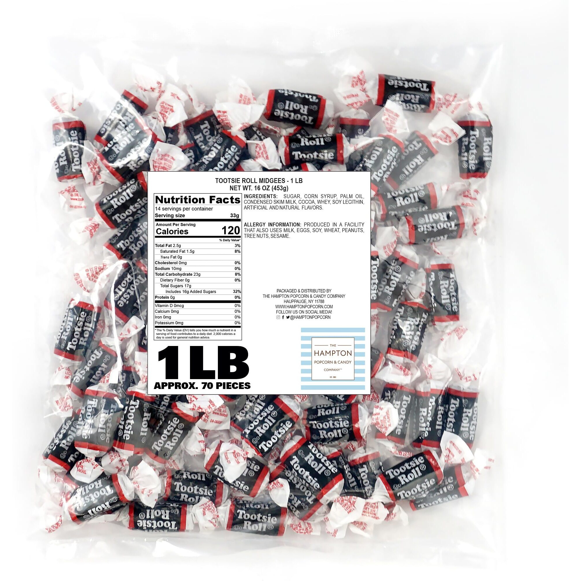 Tootsie Roll Midgees, 1Lb Bulk Bag (Approx. 70 Pieces), Mini Chewy Candy, Individually Wrapped Bulk Candy, Chocolate Candy, The Hampton Popcorn & Candy Company